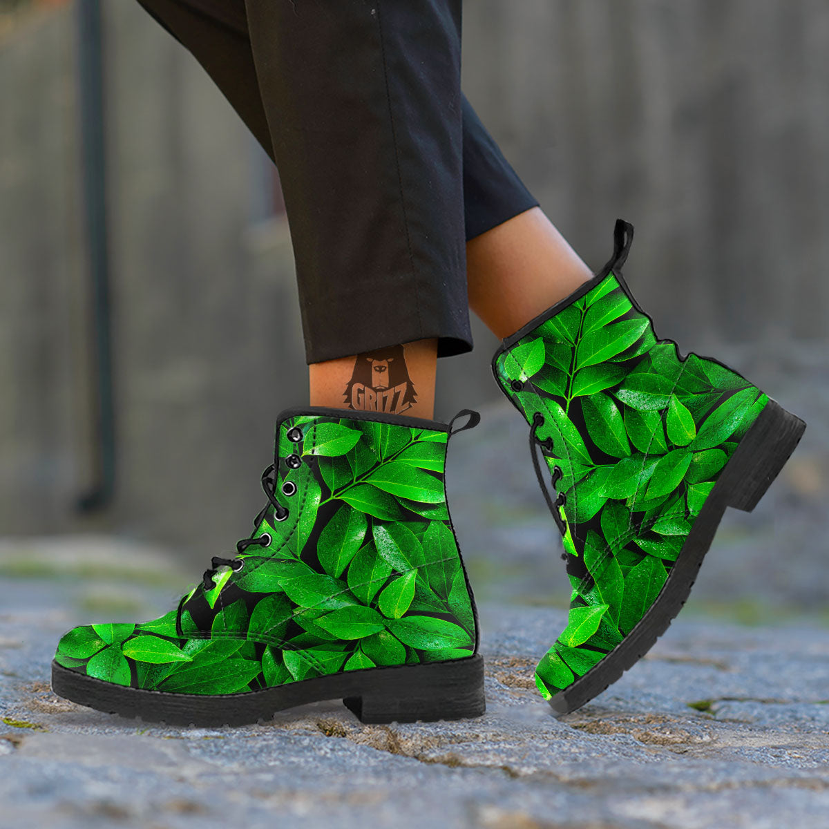 Green Leaf Print Leather Boots-grizzshop