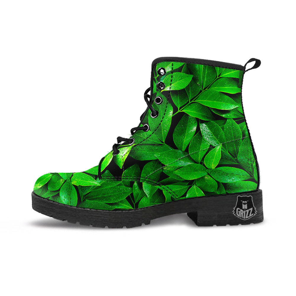 Green Leaf Print Leather Boots-grizzshop
