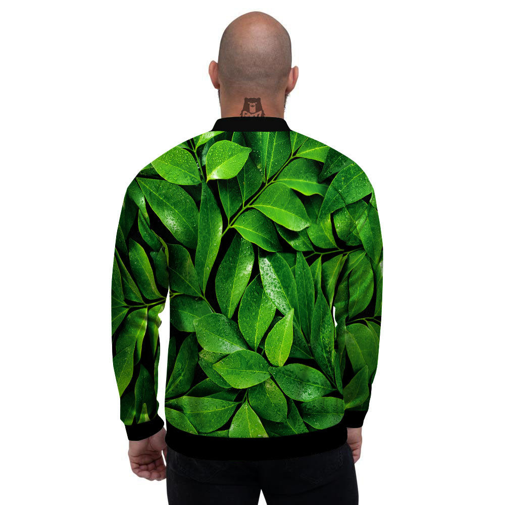 Green Leaf Print Men's Bomber Jacket-grizzshop