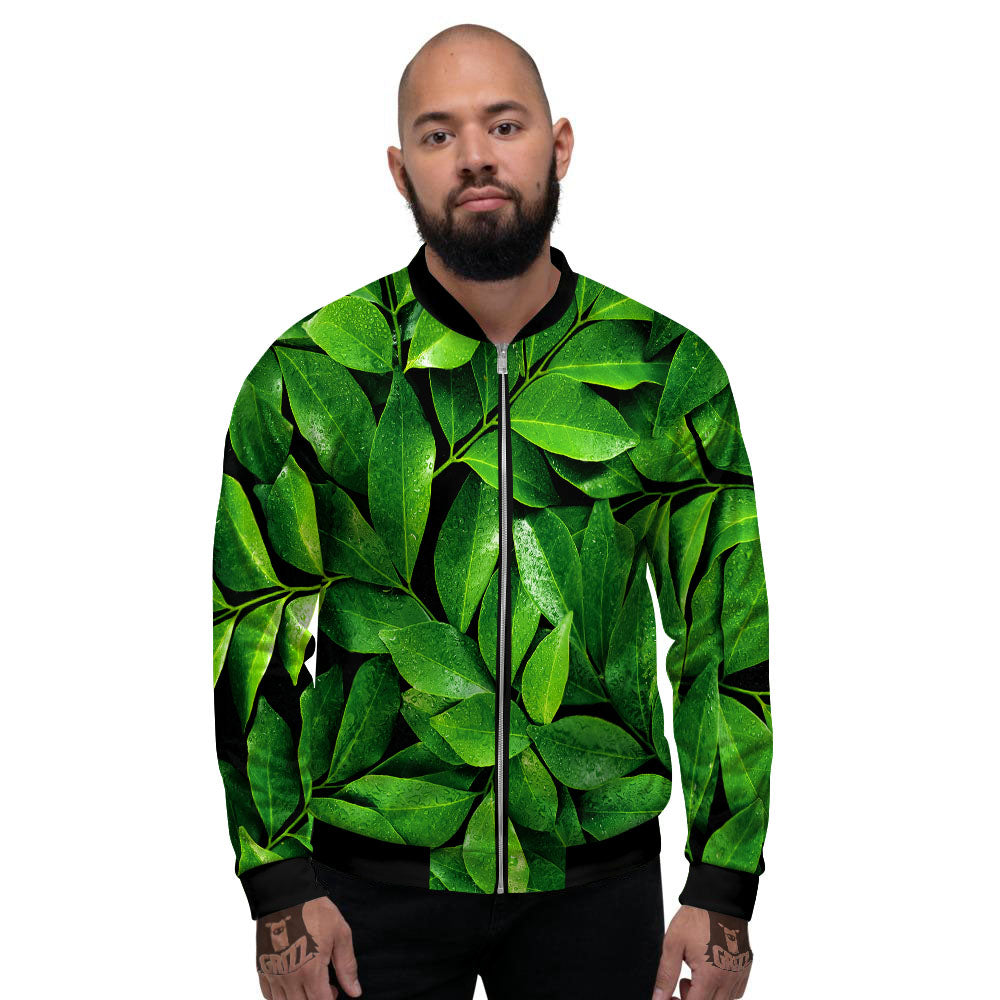 Green Leaf Print Men's Bomber Jacket-grizzshop