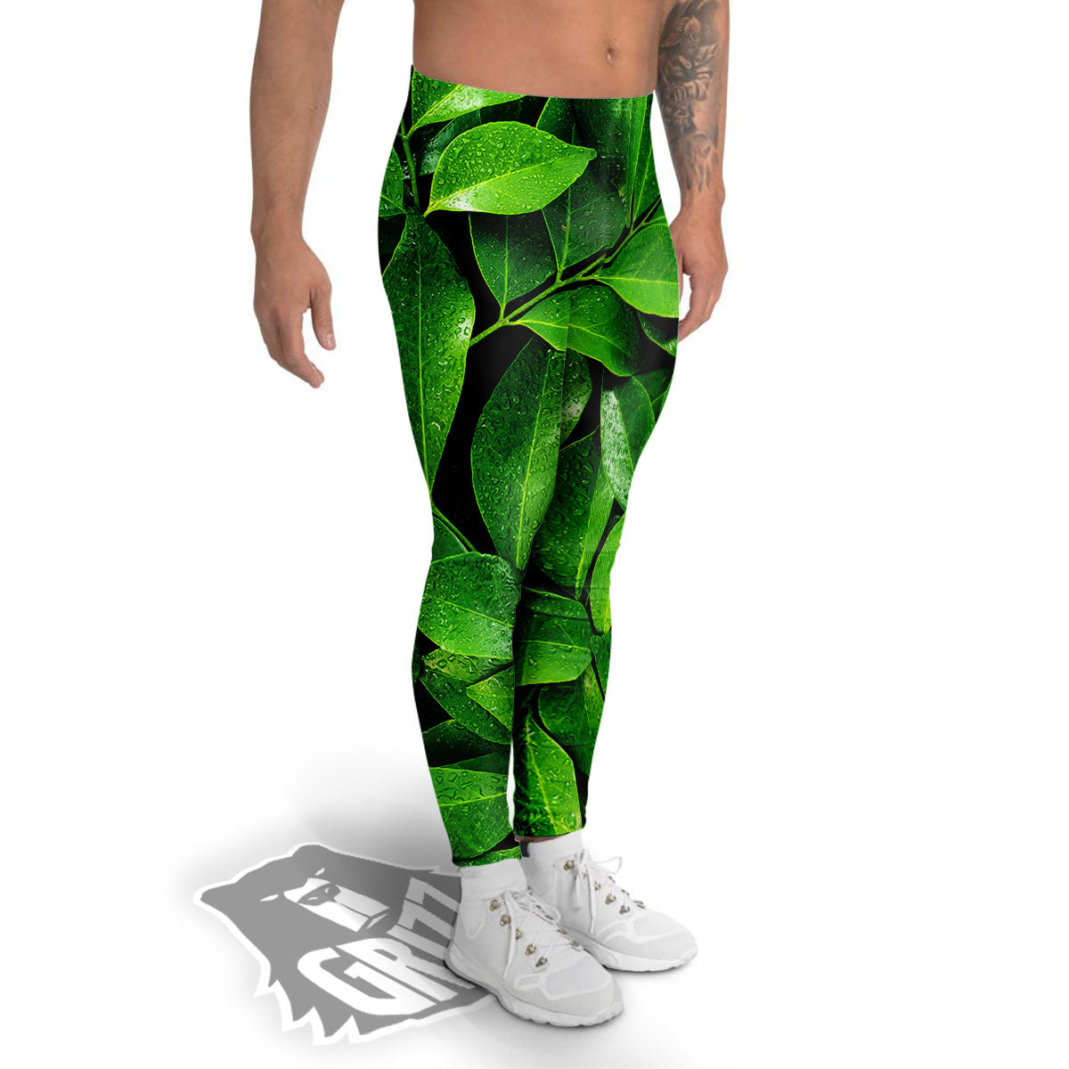Green Leaf Print Men's Leggings-grizzshop