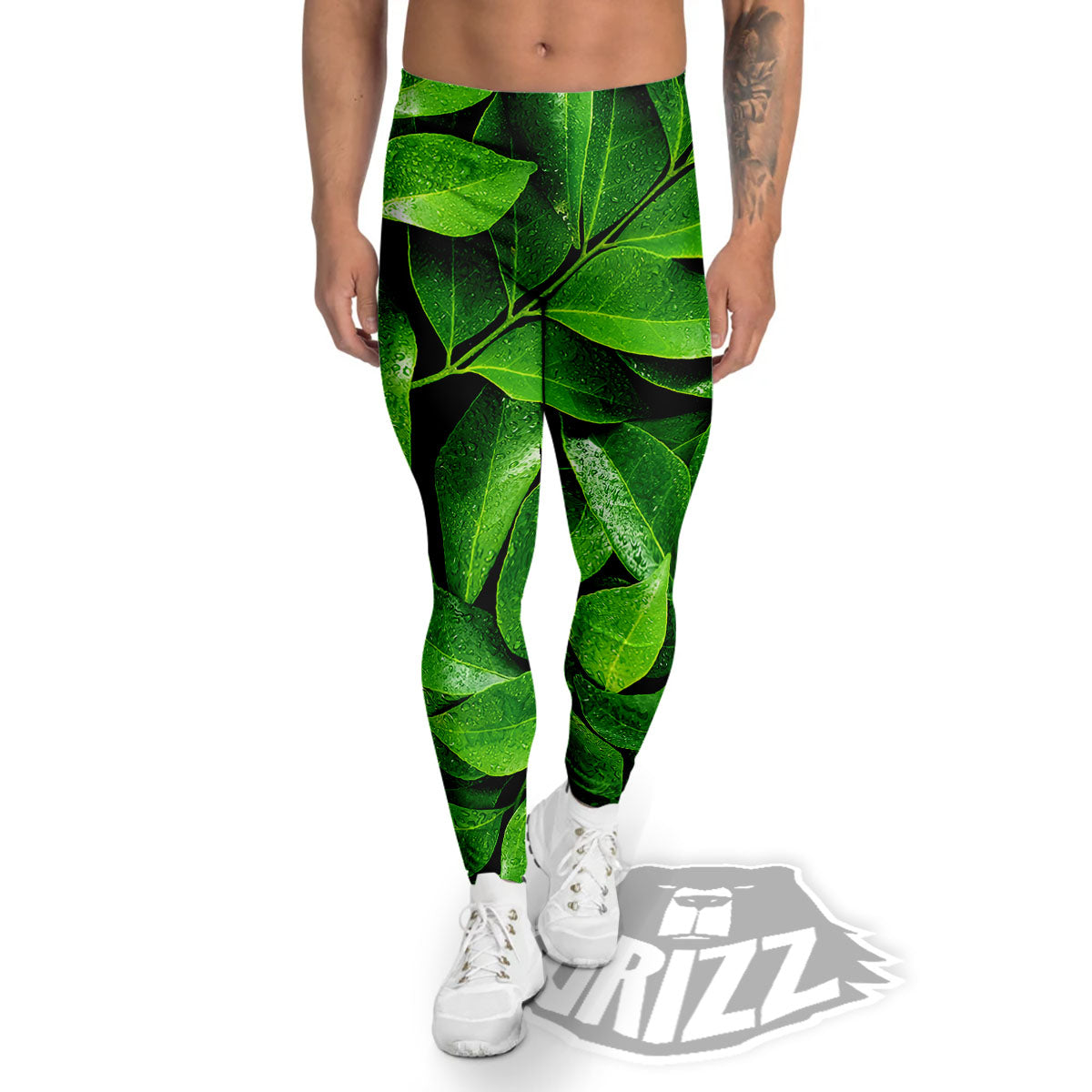 Green Leaf Print Men's Leggings-grizzshop