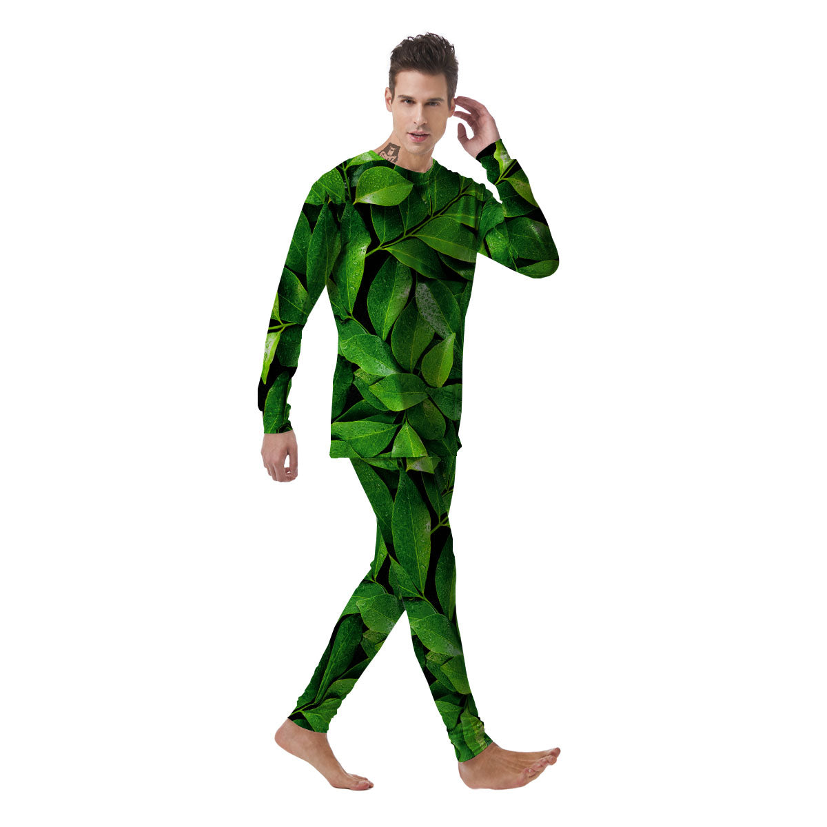 Green Leaf Print Men's Pajamas-grizzshop