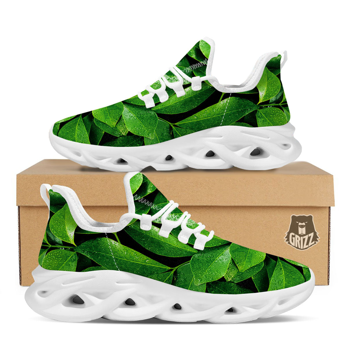 Green Leaf Print White Running Shoes-grizzshop