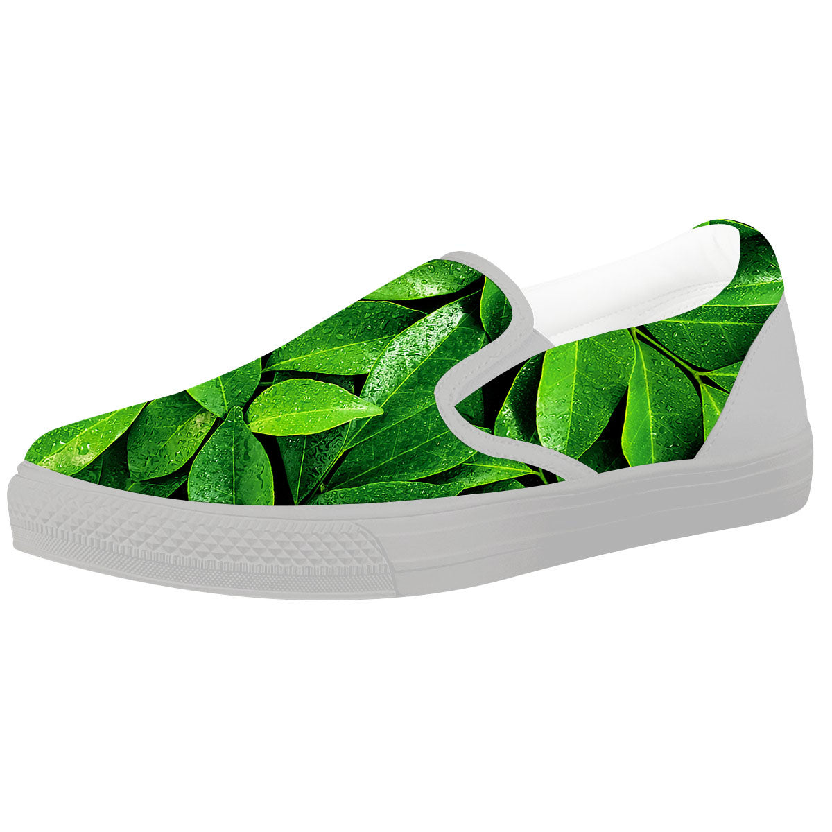 Green Leaf Print White Slip On Shoes-grizzshop