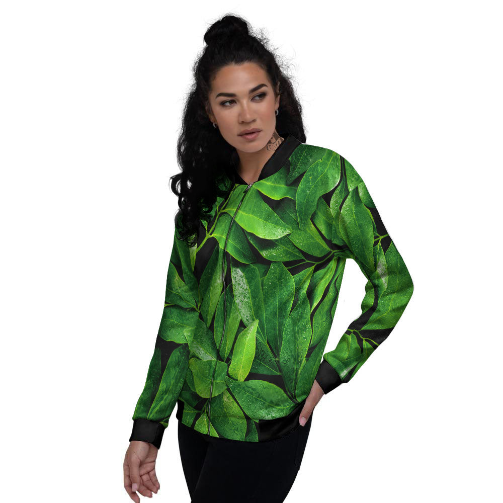 Green Leaf Print Women's Bomber Jacket-grizzshop