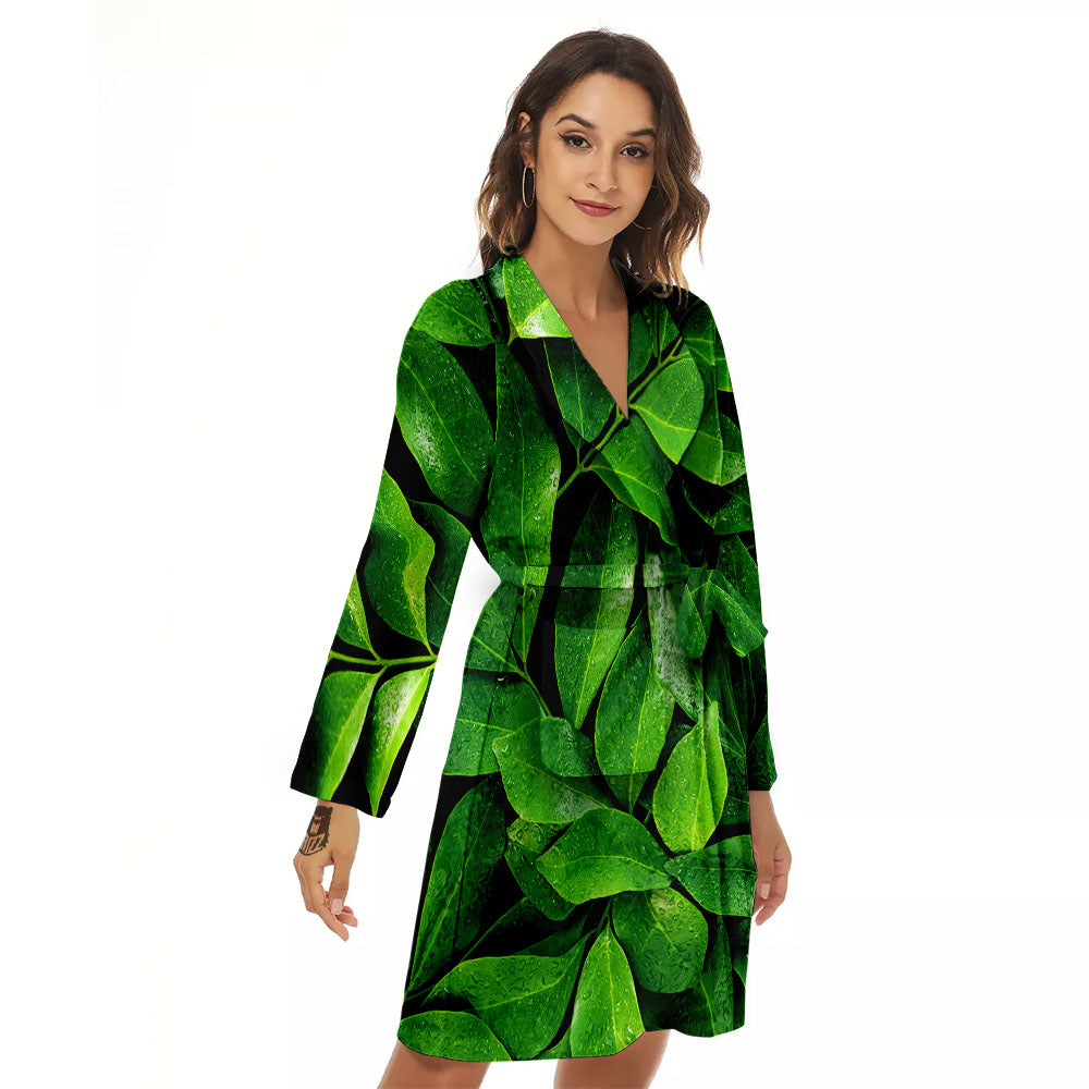 Green Leaf Print Women's Robe-grizzshop