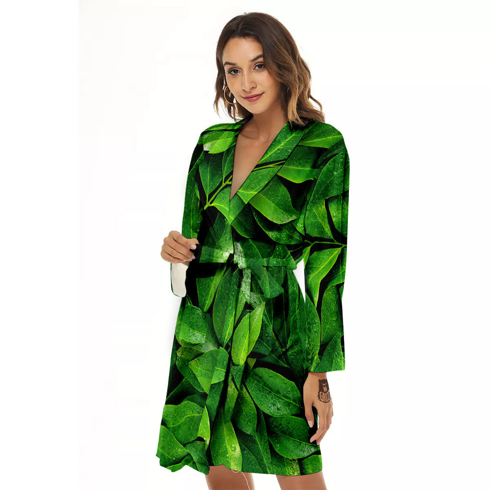 Green Leaf Print Women's Robe-grizzshop