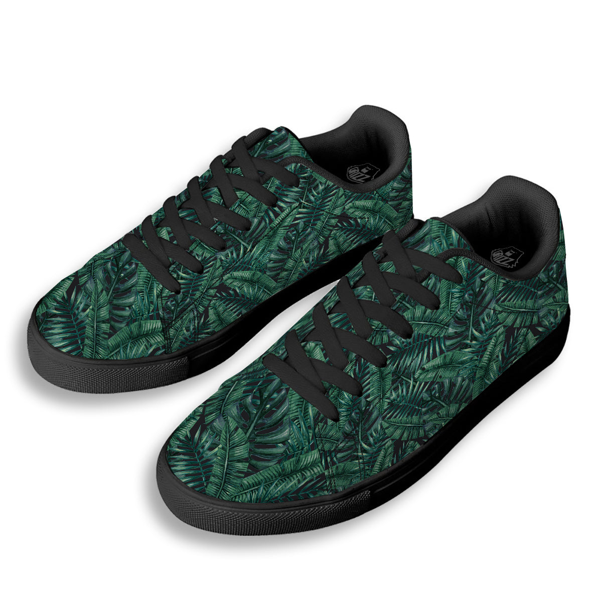 Green Leaf Tropical Print Pattern Black Low Top Sneakers-grizzshop