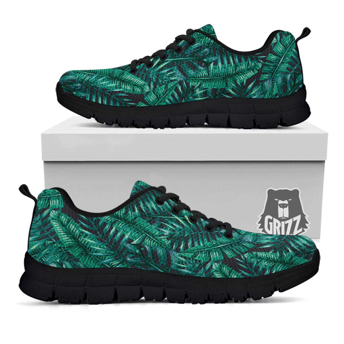 Green Leaf Tropical Print Pattern Black Sneaker-grizzshop