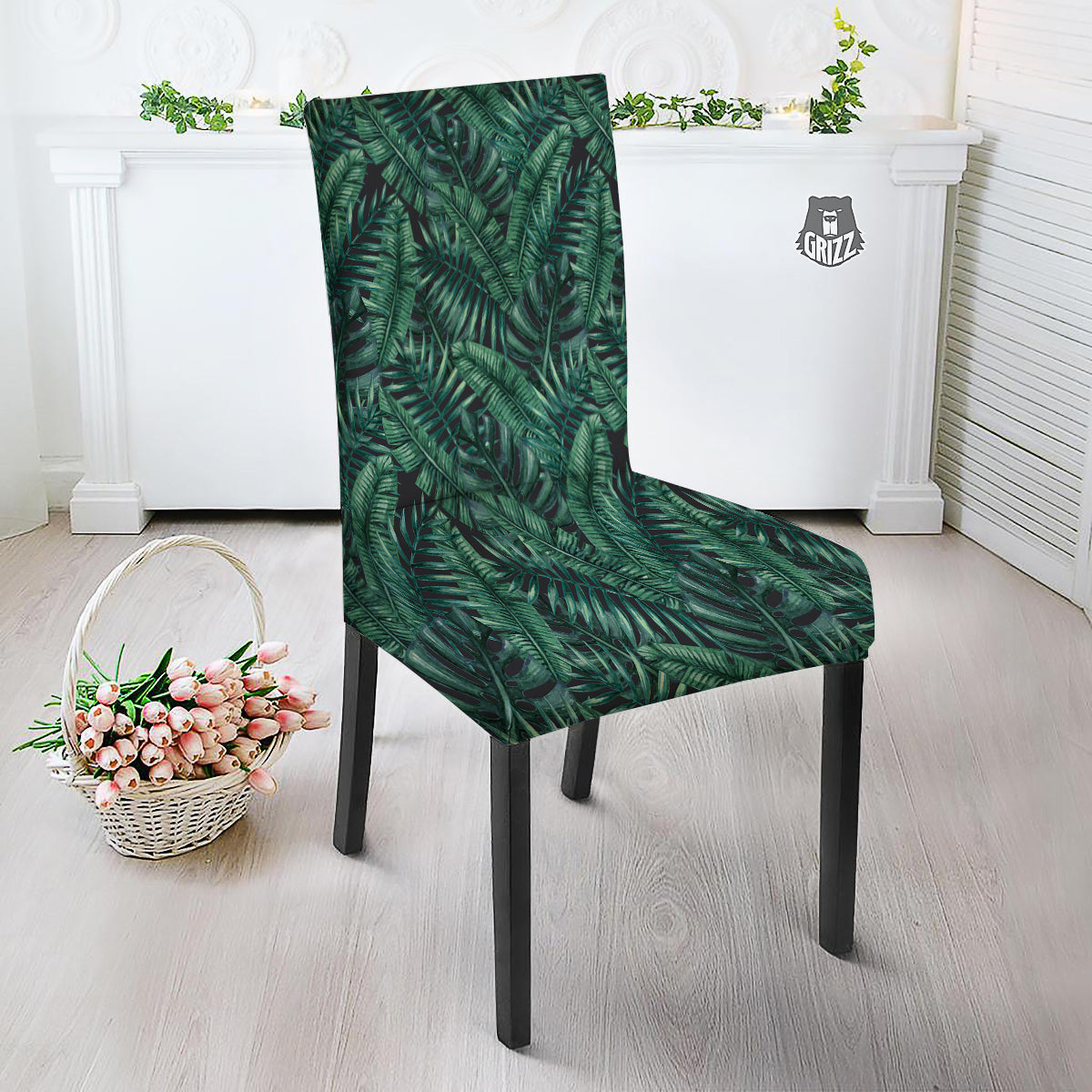 Green Leaf Tropical Print Pattern Dining Chair Slipcover-grizzshop