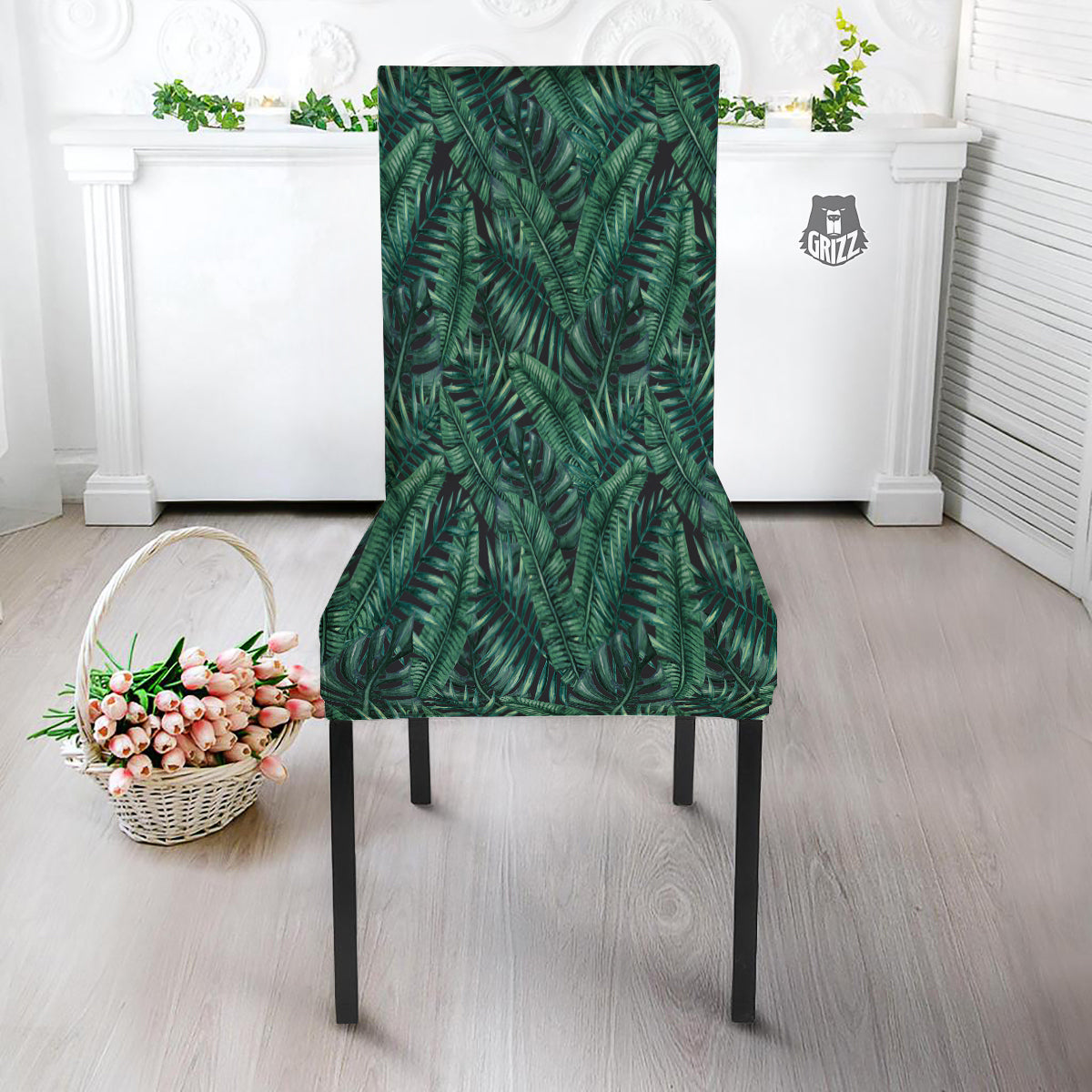 Green Leaf Tropical Print Pattern Dining Chair Slipcover-grizzshop