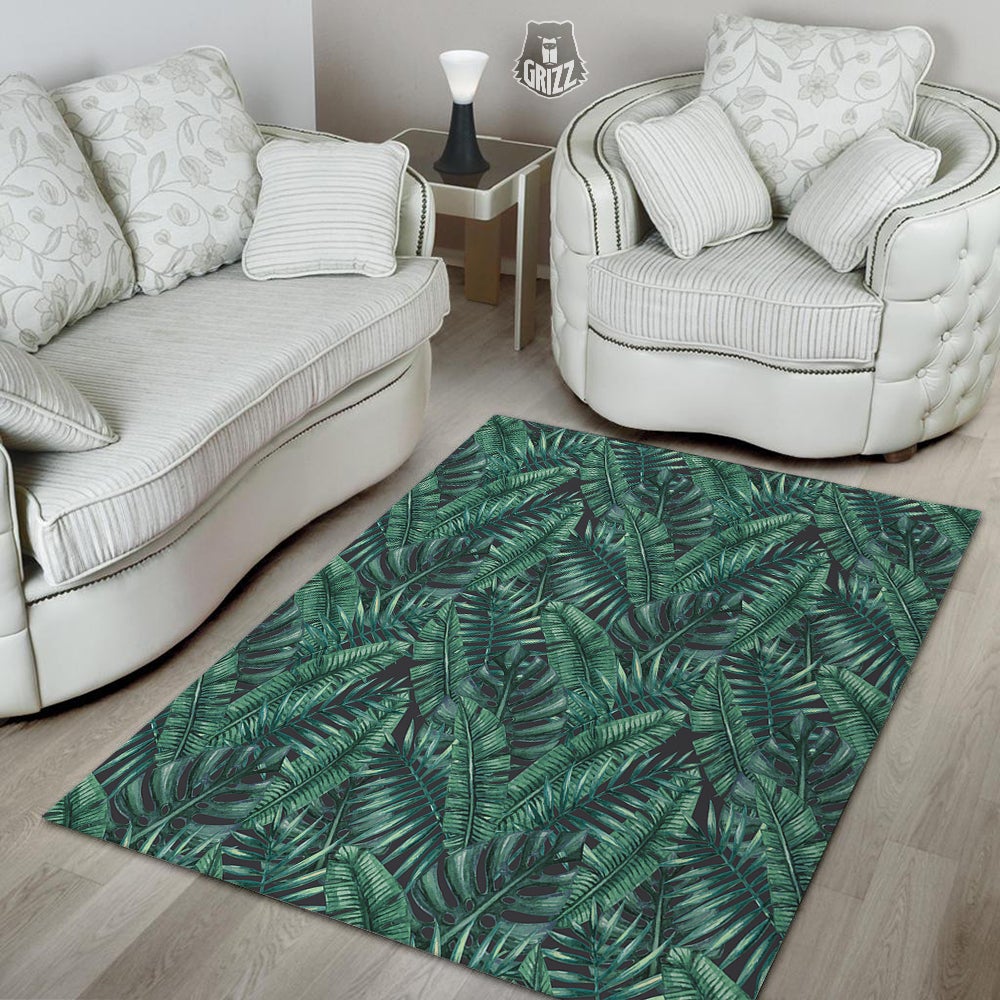 Green Leaf Tropical Print Pattern Floor Mat-grizzshop