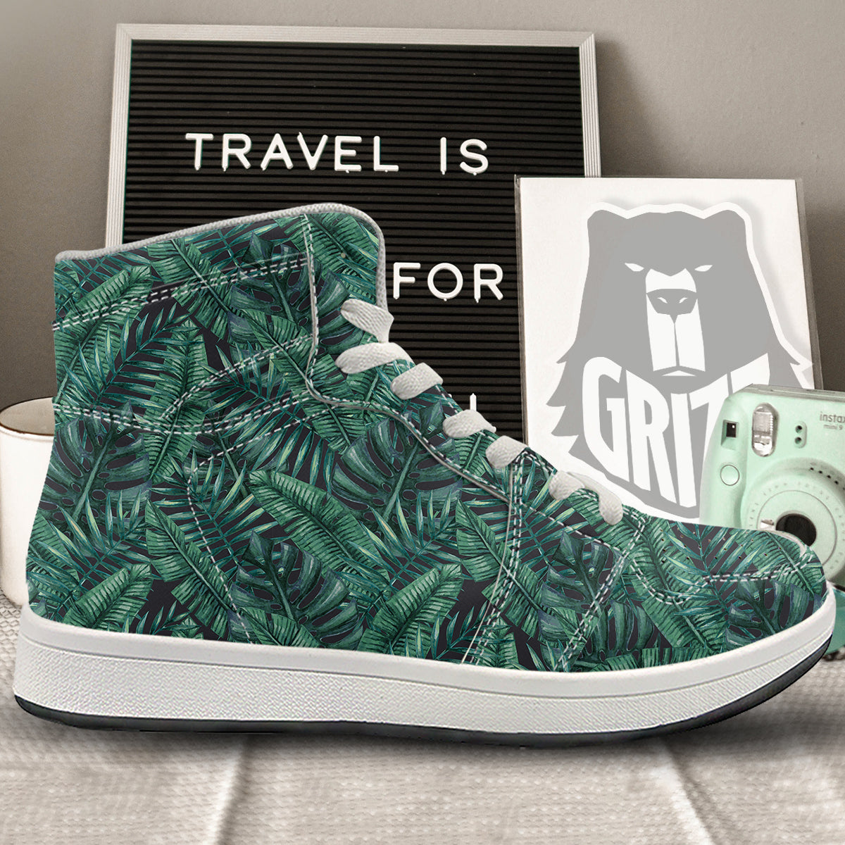 Green Leaf Tropical Print Pattern High Top Sneakers-grizzshop