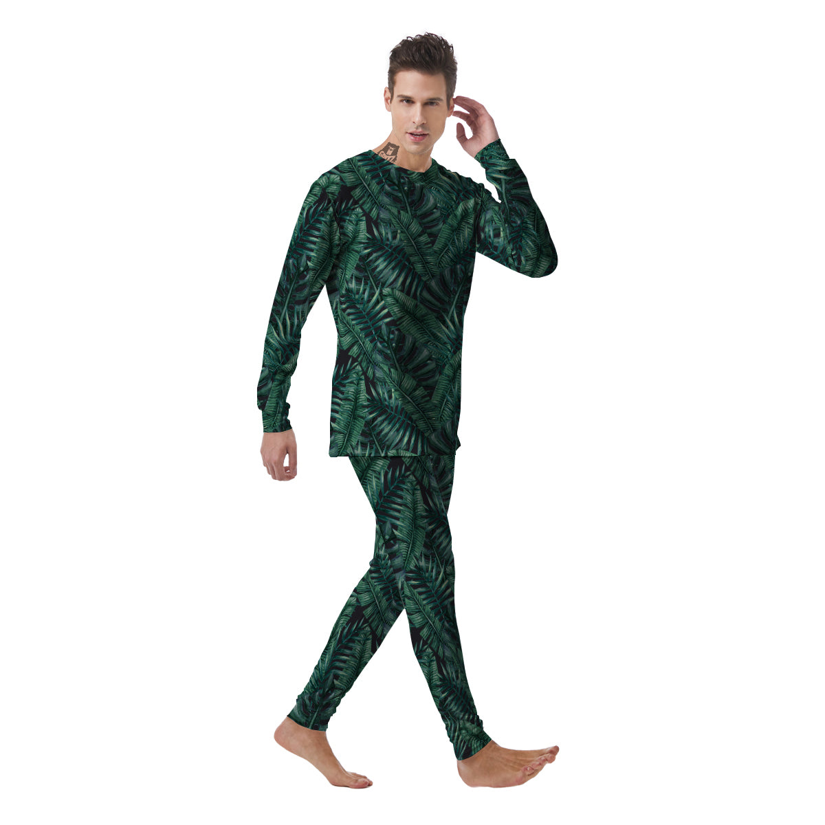 Green Leaf Tropical Print Pattern Men's Pajamas-grizzshop