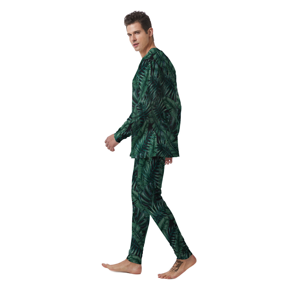 Green Leaf Tropical Print Pattern Men's Pajamas-grizzshop