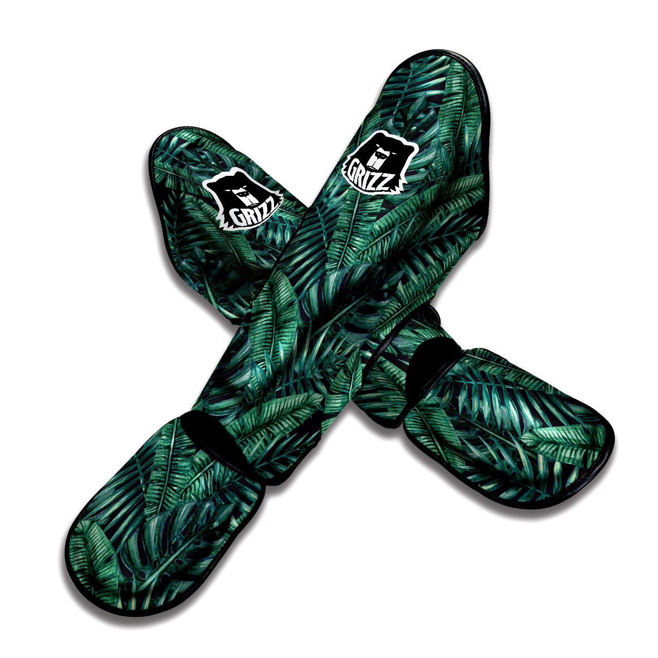 Green Leaf Tropical Print Pattern Muay Thai Shin Guards-grizzshop