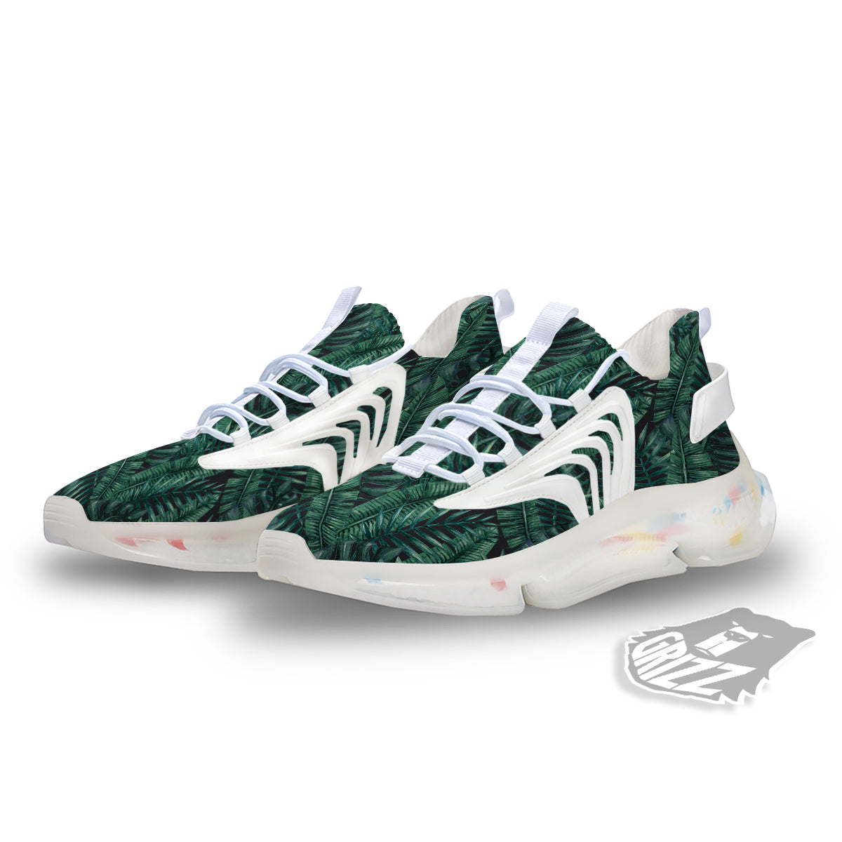 Green Leaf Tropical Print Pattern White Gym Shoes-grizzshop