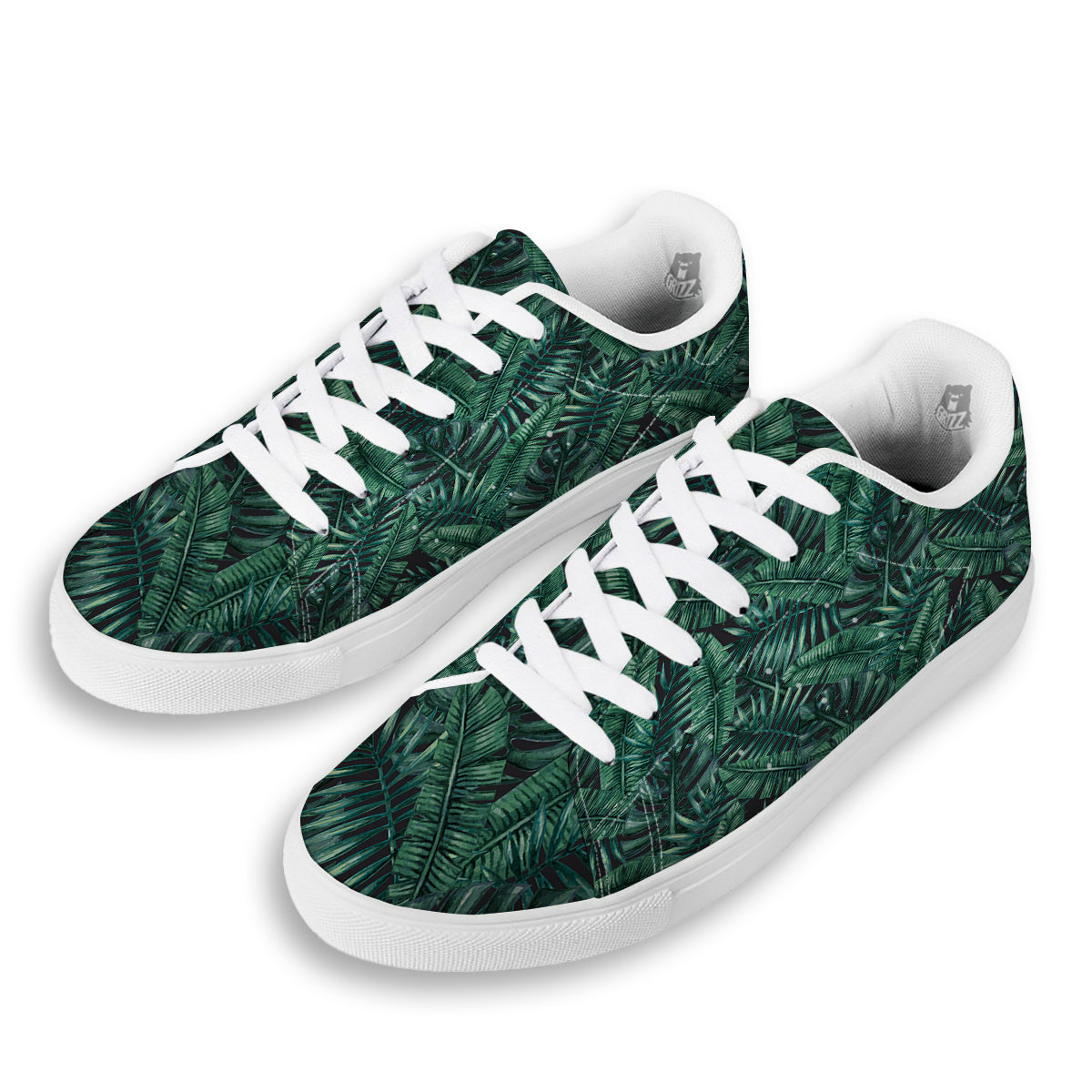 Green Leaf Tropical Print Pattern White Low Top Sneakers-grizzshop