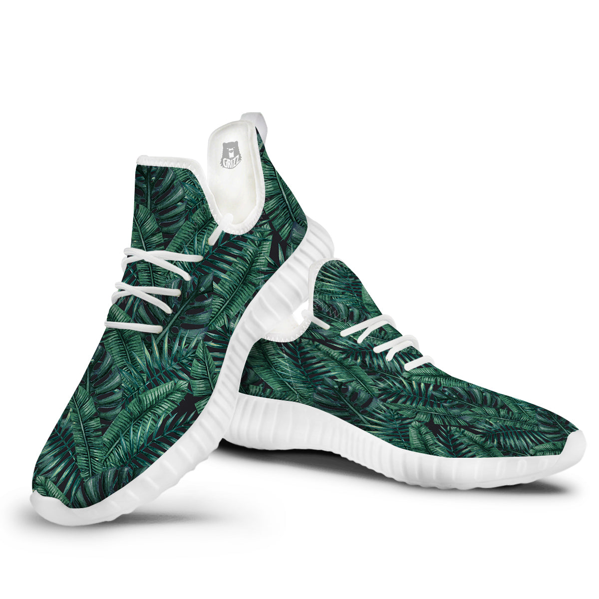 Green Leaf Tropical Print Pattern White Walking Shoes-grizzshop