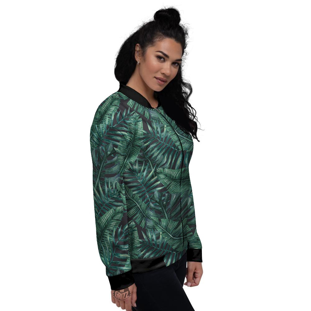 Green Leaf Tropical Print Pattern Women's Bomber Jacket-grizzshop