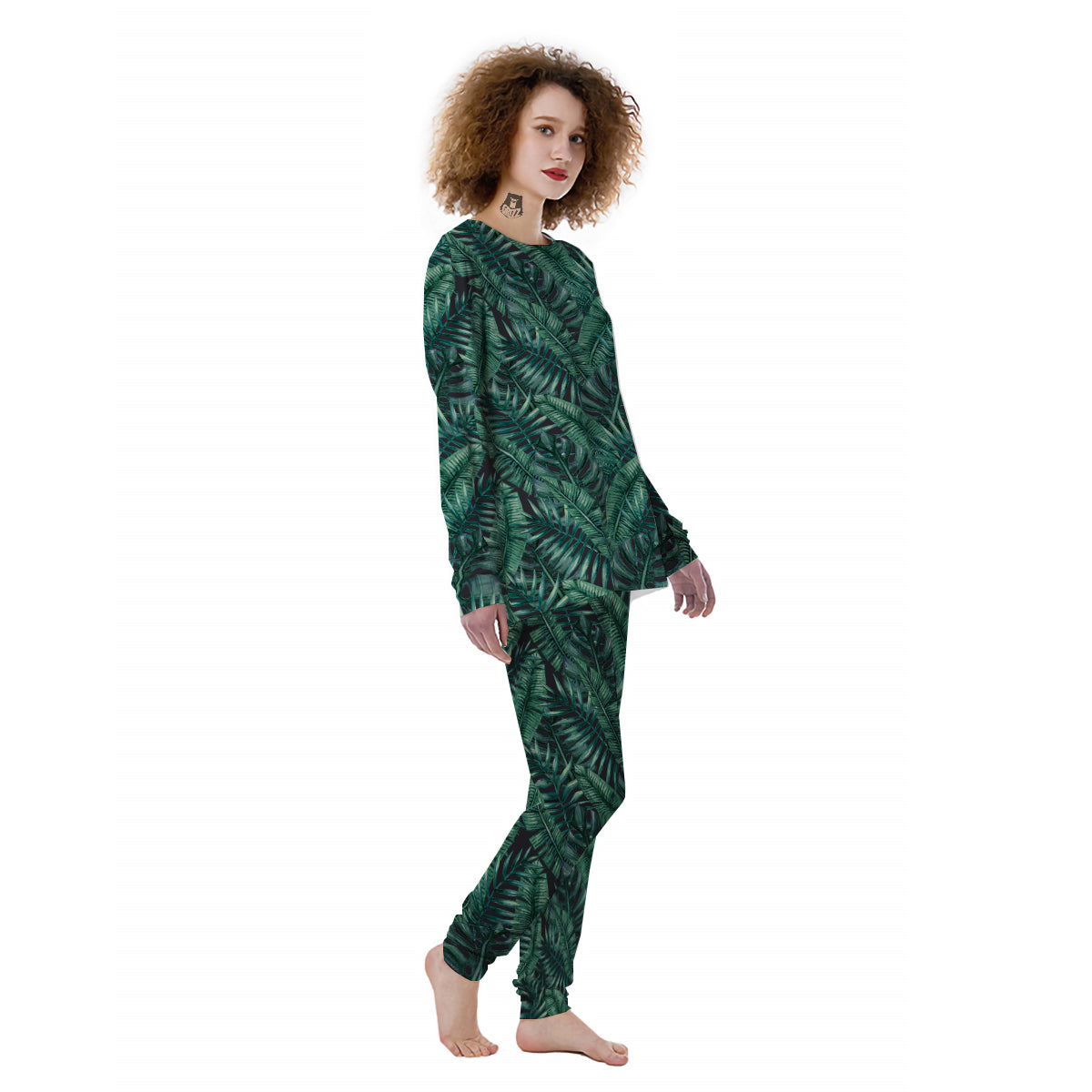 Green Leaf Tropical Print Pattern Women's Pajamas-grizzshop