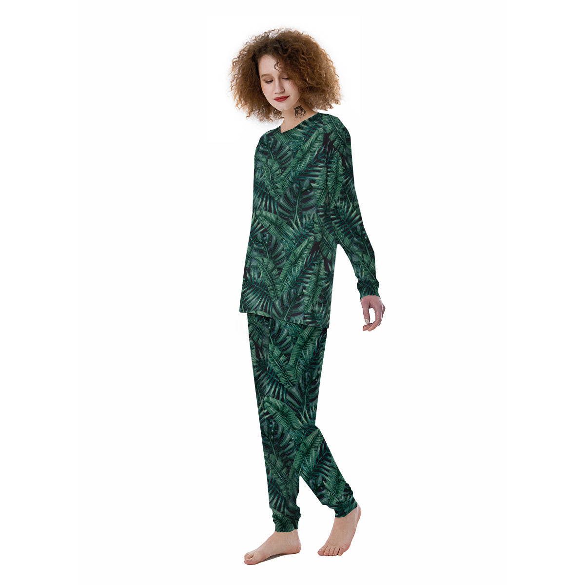 Green Leaf Tropical Print Pattern Women's Pajamas-grizzshop