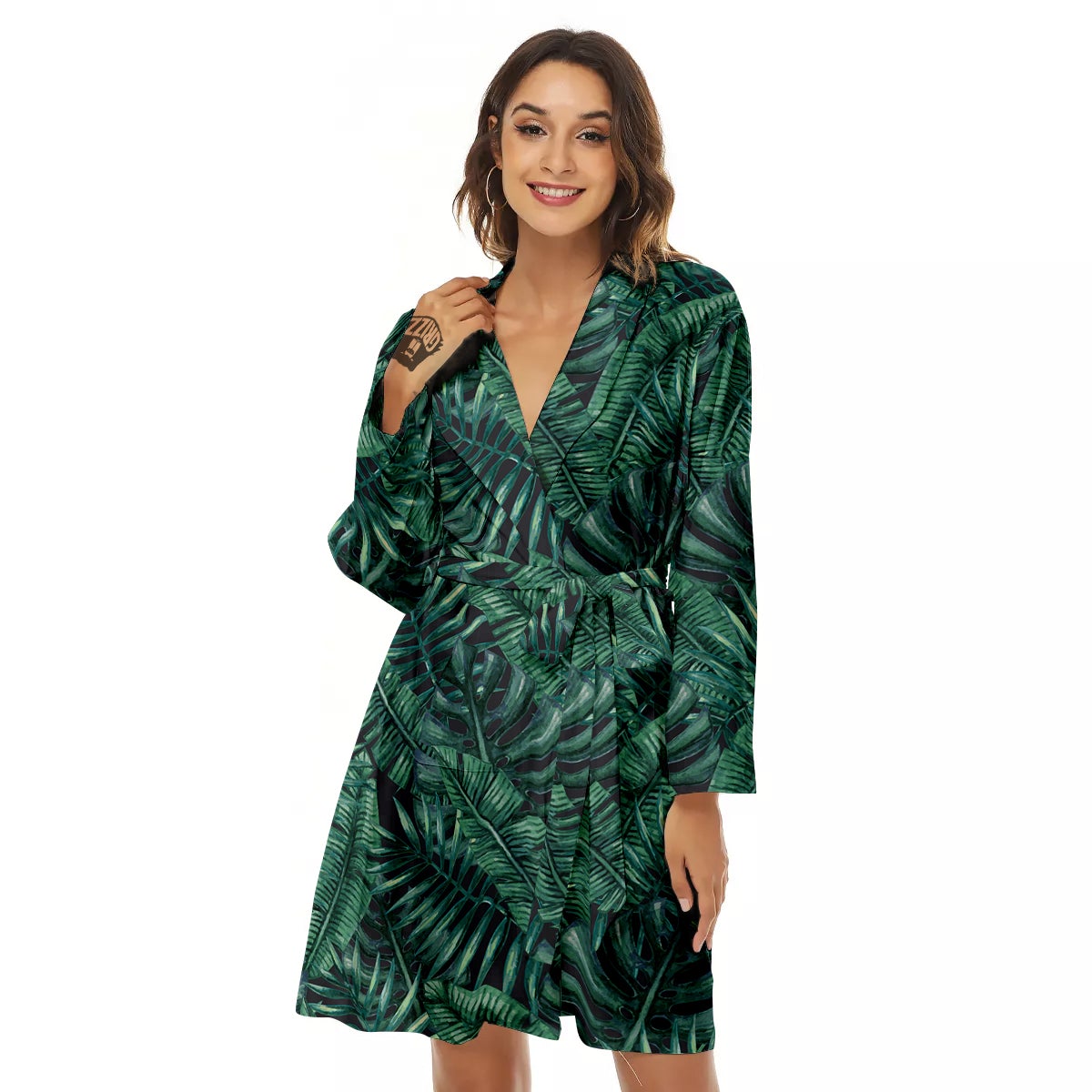 Green Leaf Tropical Print Pattern Women's Robe-grizzshop
