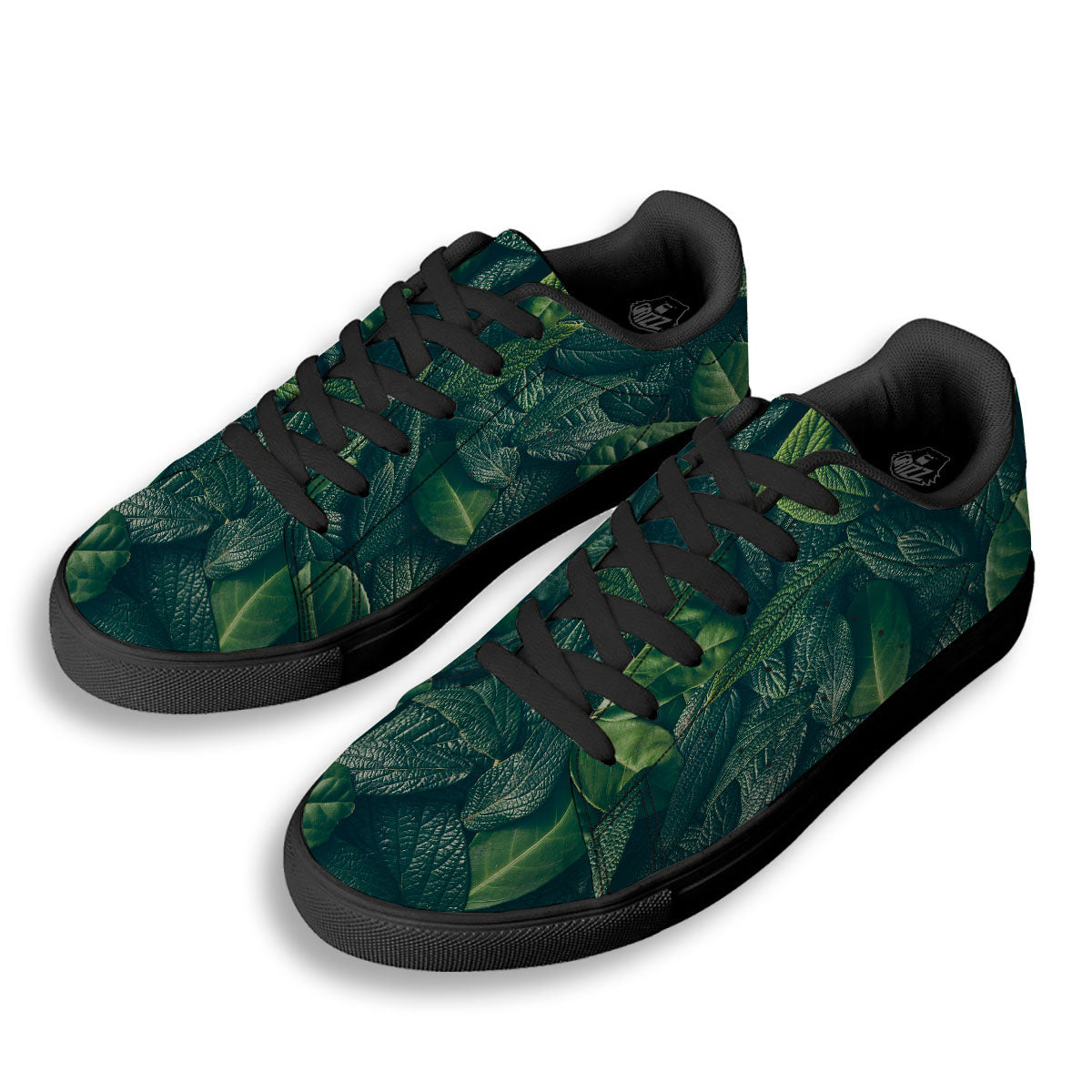 Green Leaves Print Black Low Top Sneakers-grizzshop
