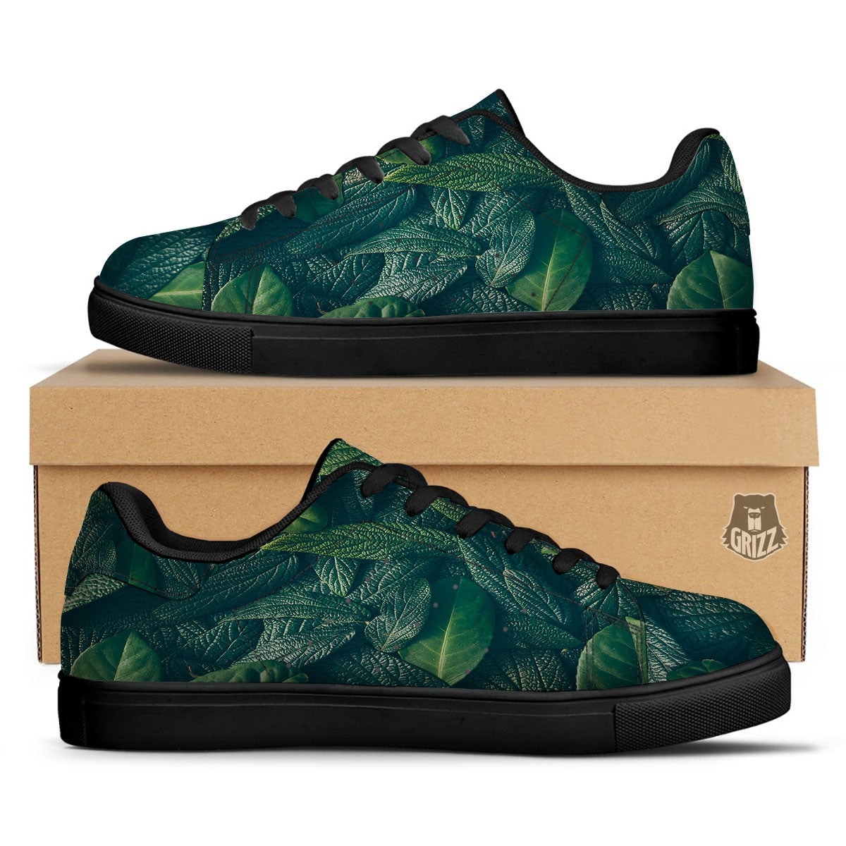 Green Leaves Print Black Low Top Sneakers-grizzshop