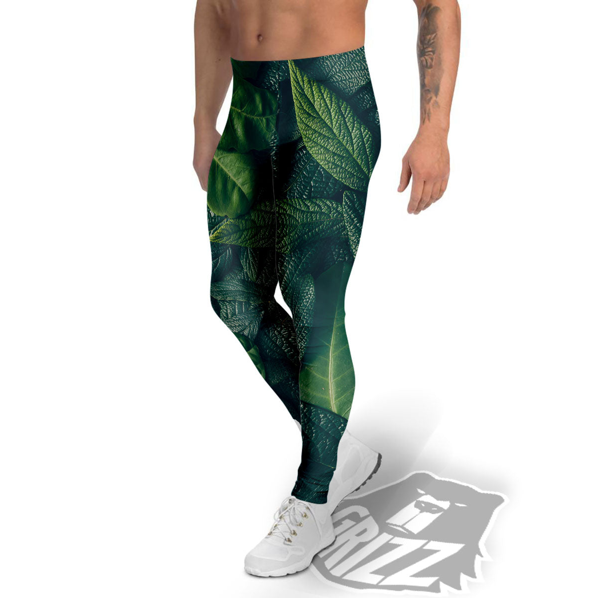 Green Leaves Print Men's Leggings-grizzshop