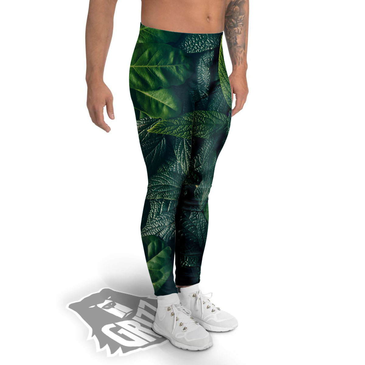 Green Leaves Print Men's Leggings-grizzshop