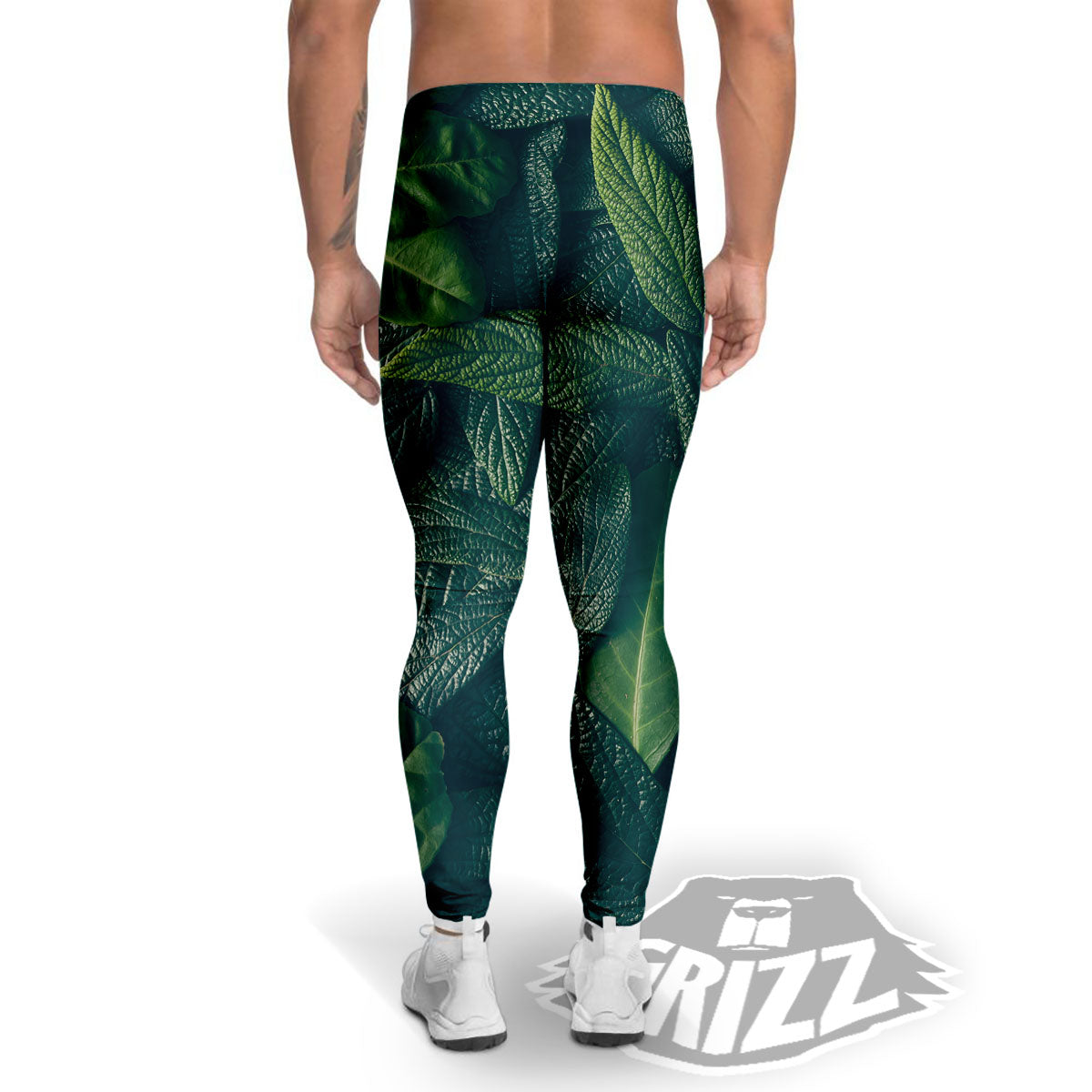 Green Leaves Print Men's Leggings-grizzshop