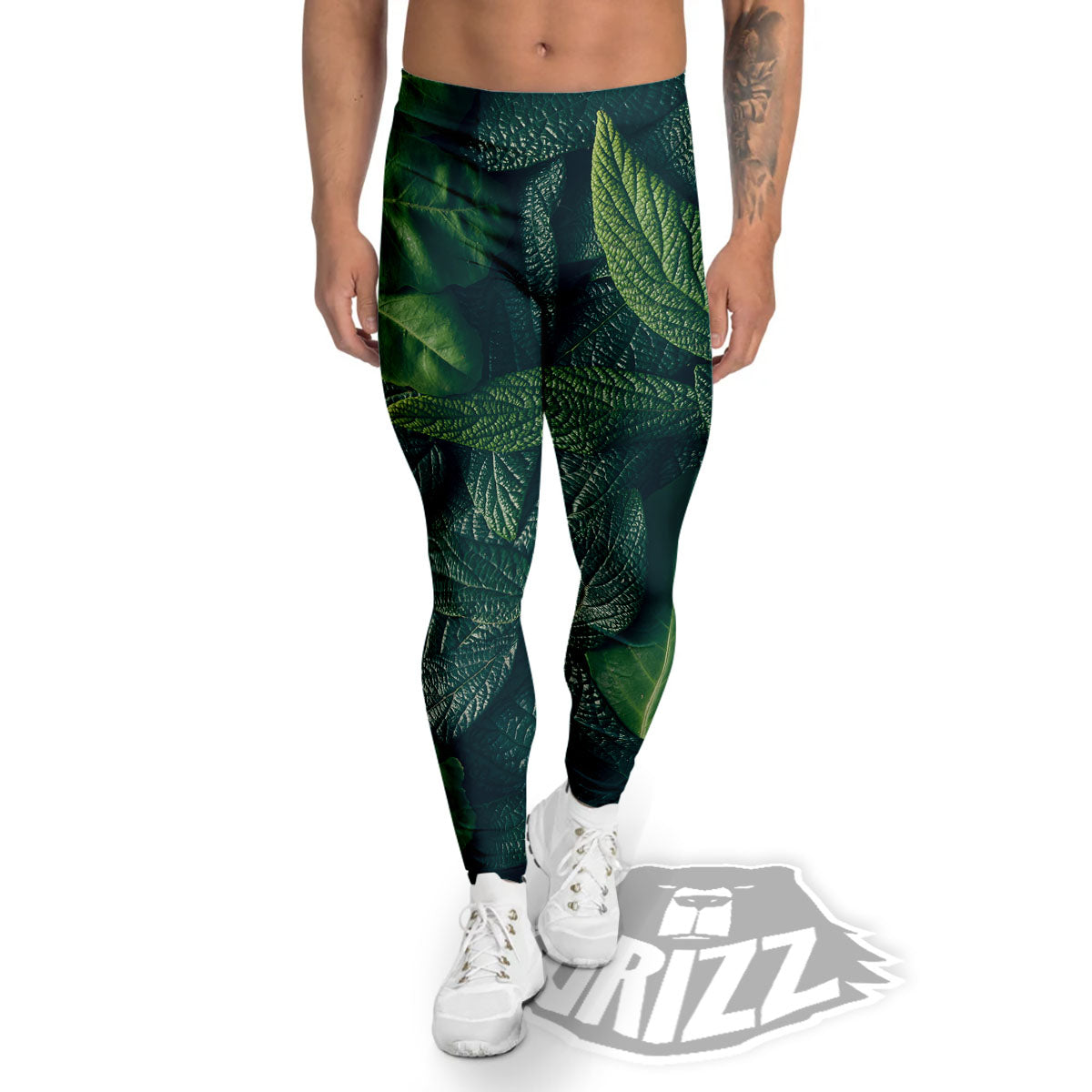 Green Leaves Print Men's Leggings-grizzshop