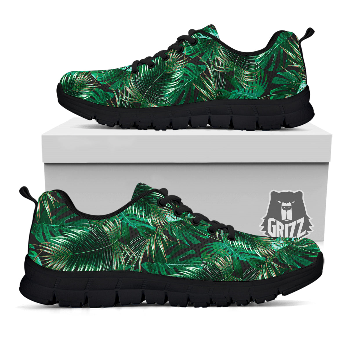 Green Leaves Tropical Print Pattern Black Sneaker-grizzshop