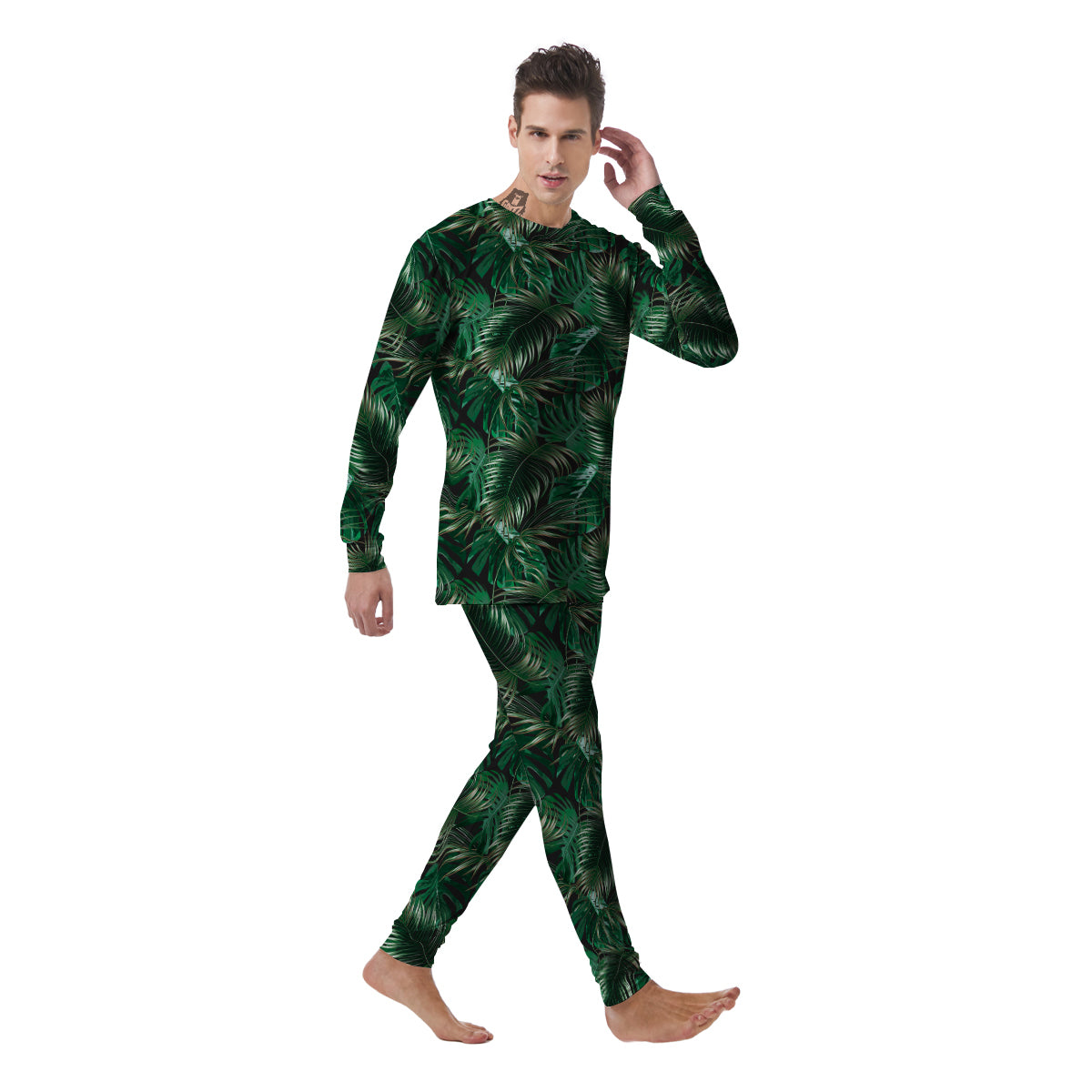 Green Leaves Tropical Print Pattern Men's Pajamas-grizzshop