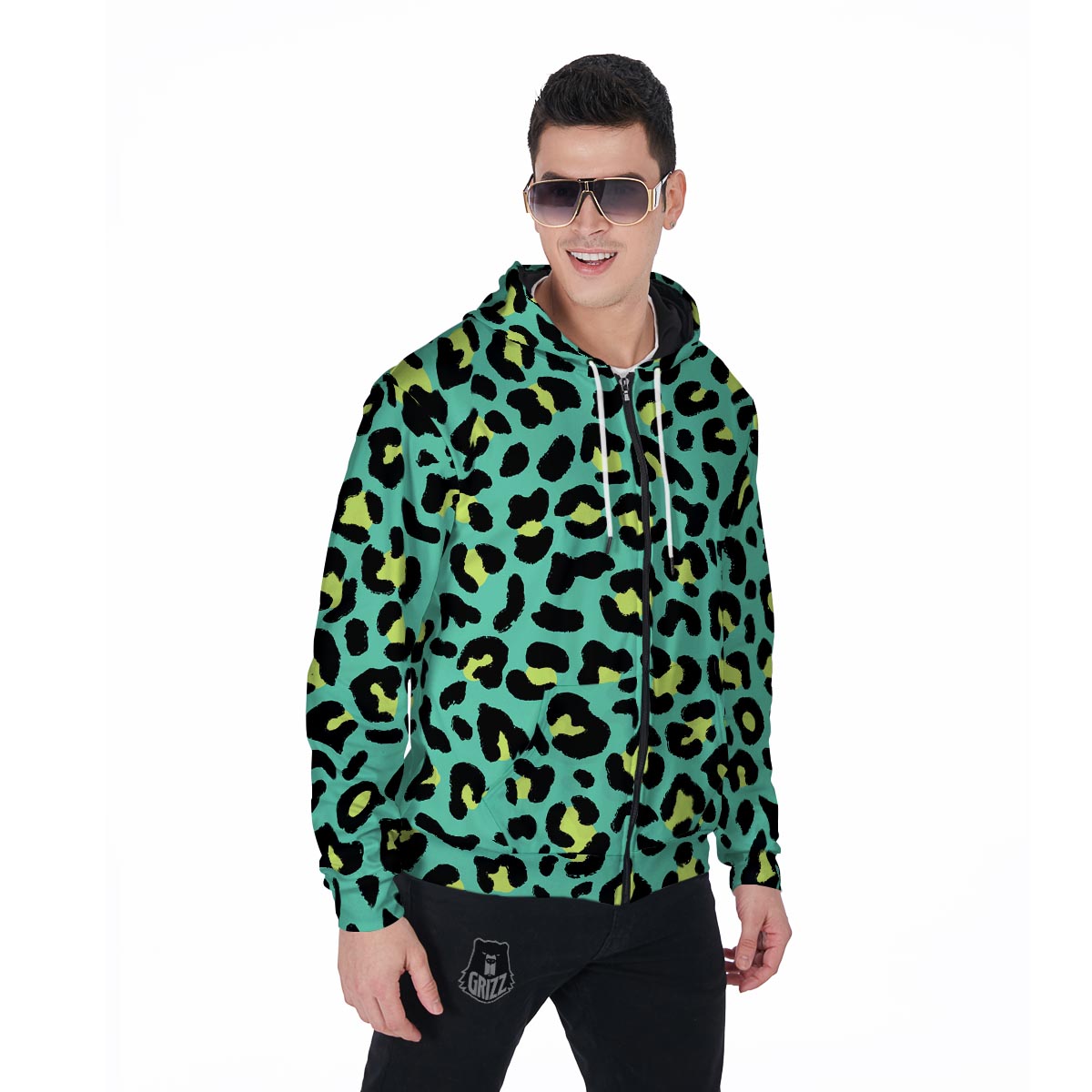 Green Leopard Men's Zip Up Hoodie-grizzshop