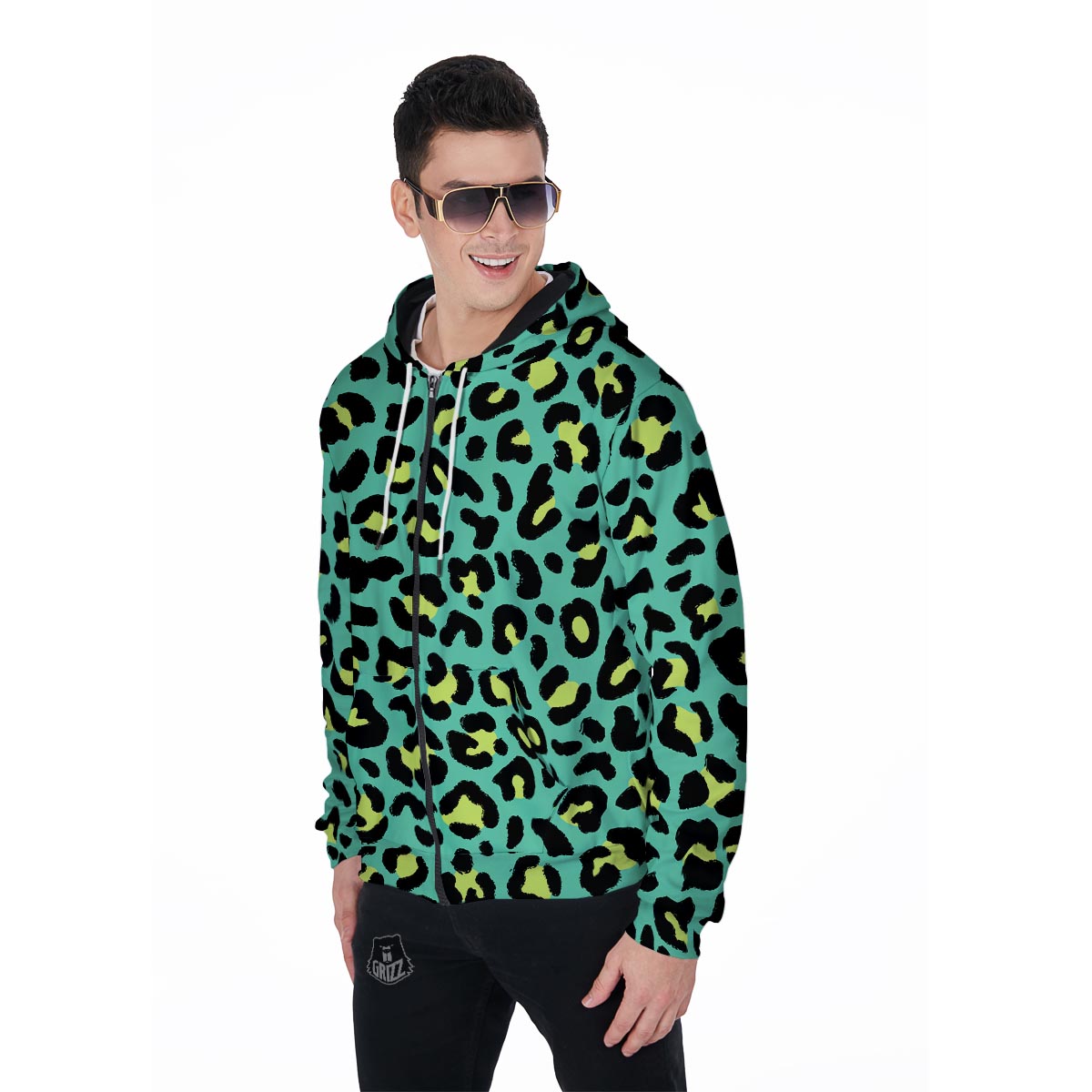 Green Leopard Men's Zip Up Hoodie-grizzshop