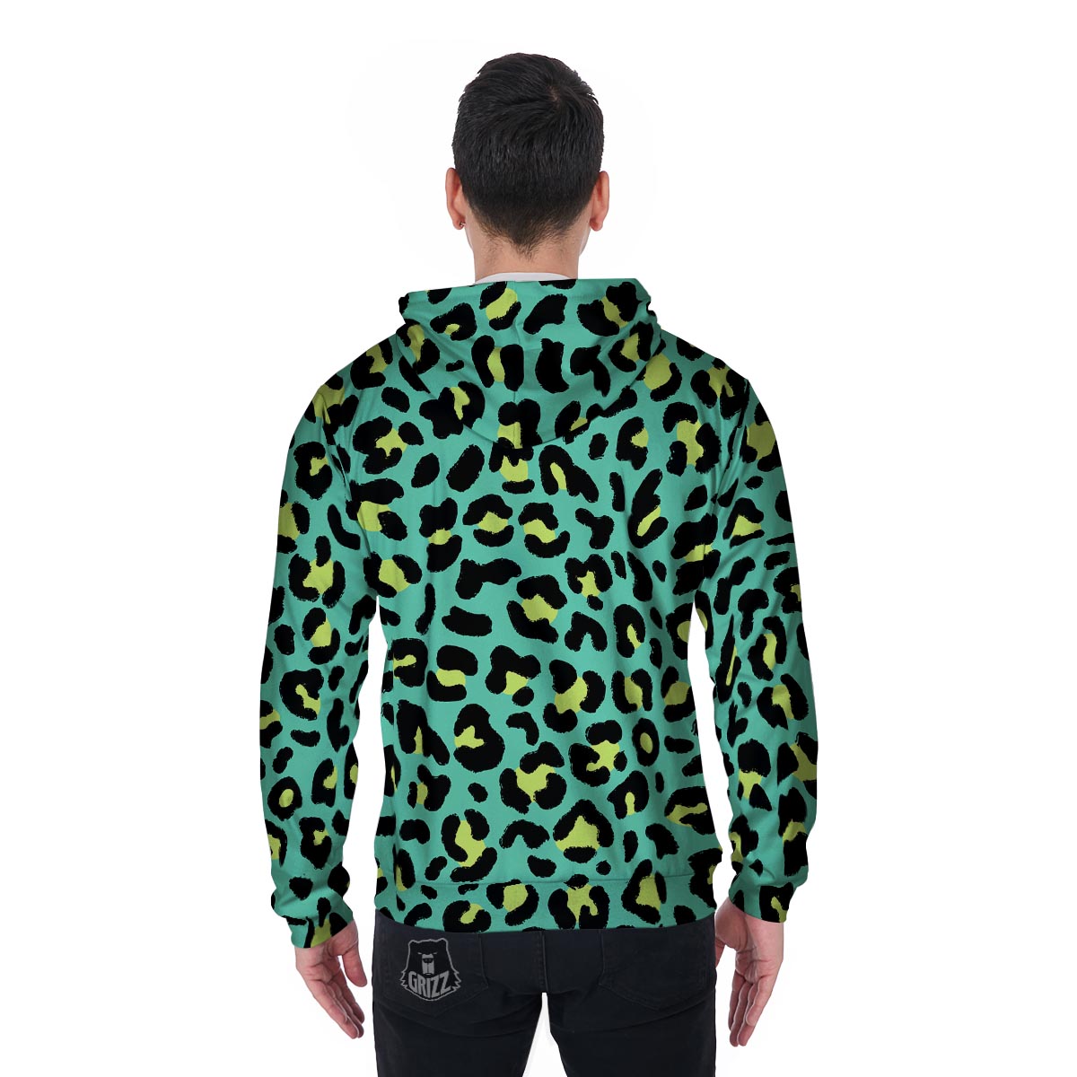 Green Leopard Men's Zip Up Hoodie-grizzshop