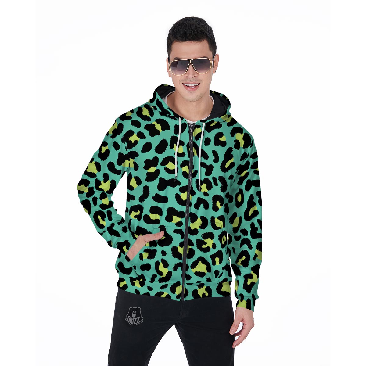 Green Leopard Men's Zip Up Hoodie-grizzshop