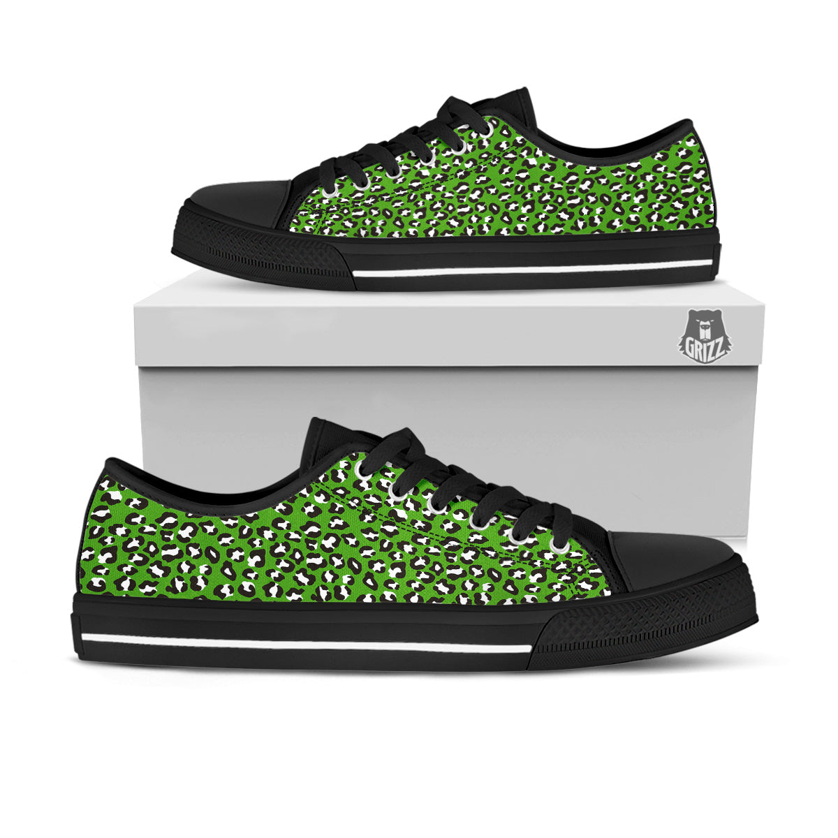 Green Leopard Print Pattern Black Low Top Shoes-grizzshop