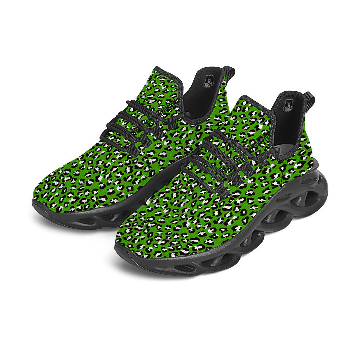 Green Leopard Print Pattern Black Running Shoes-grizzshop