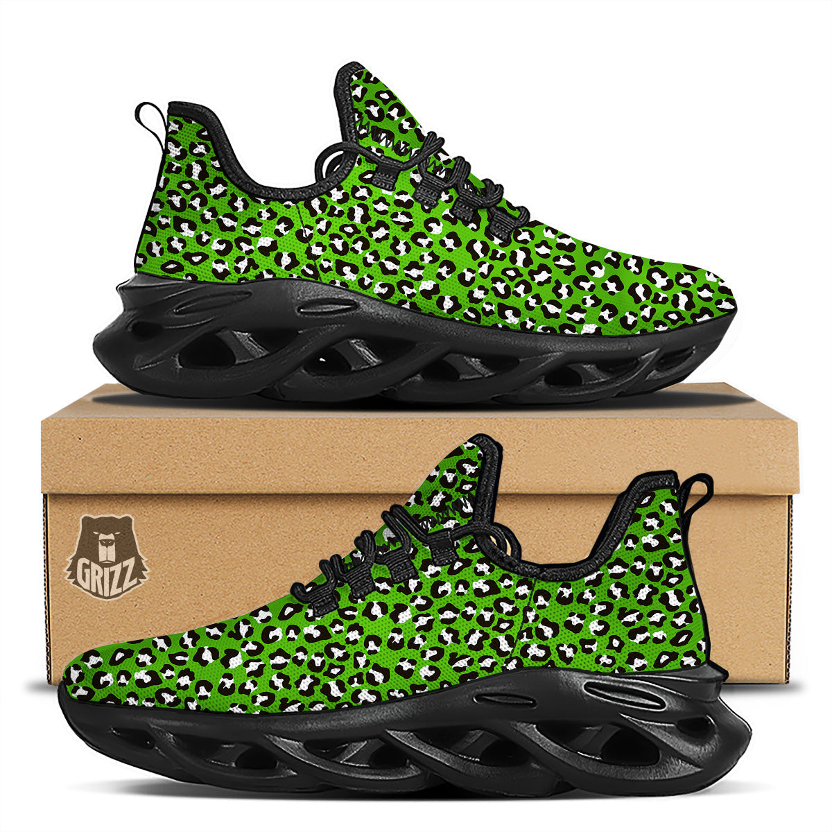 Green Leopard Print Pattern Black Running Shoes-grizzshop