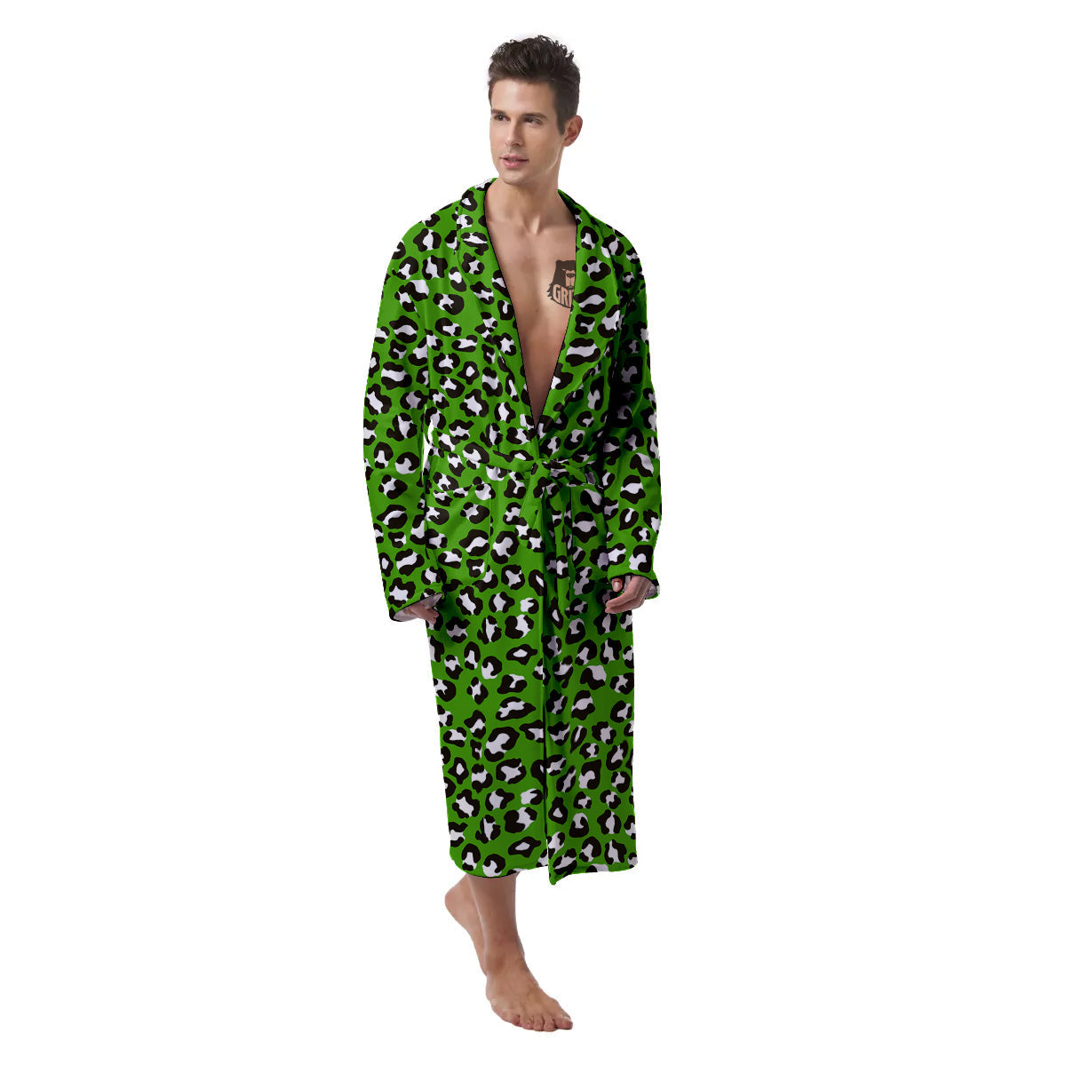 Green Leopard Print Pattern Men's Robe-grizzshop