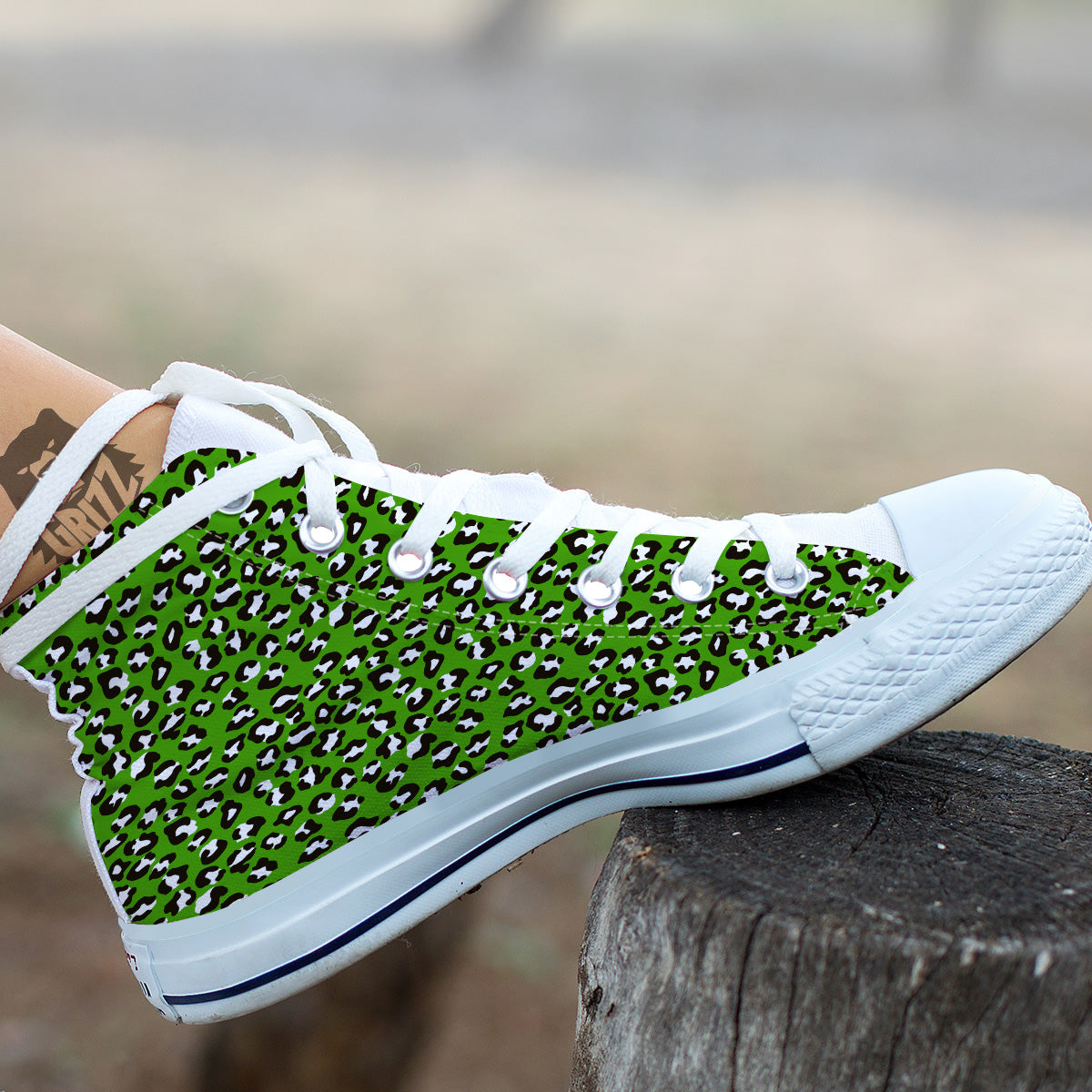 Green Leopard Print Pattern White High Top Shoes-grizzshop