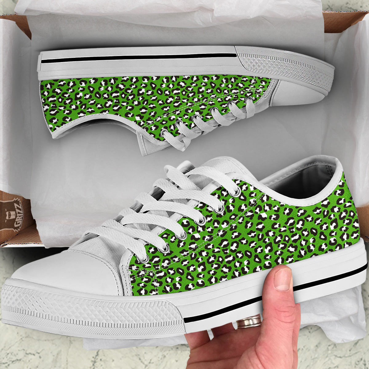 Green Leopard Print Pattern White Low Top Shoes-grizzshop