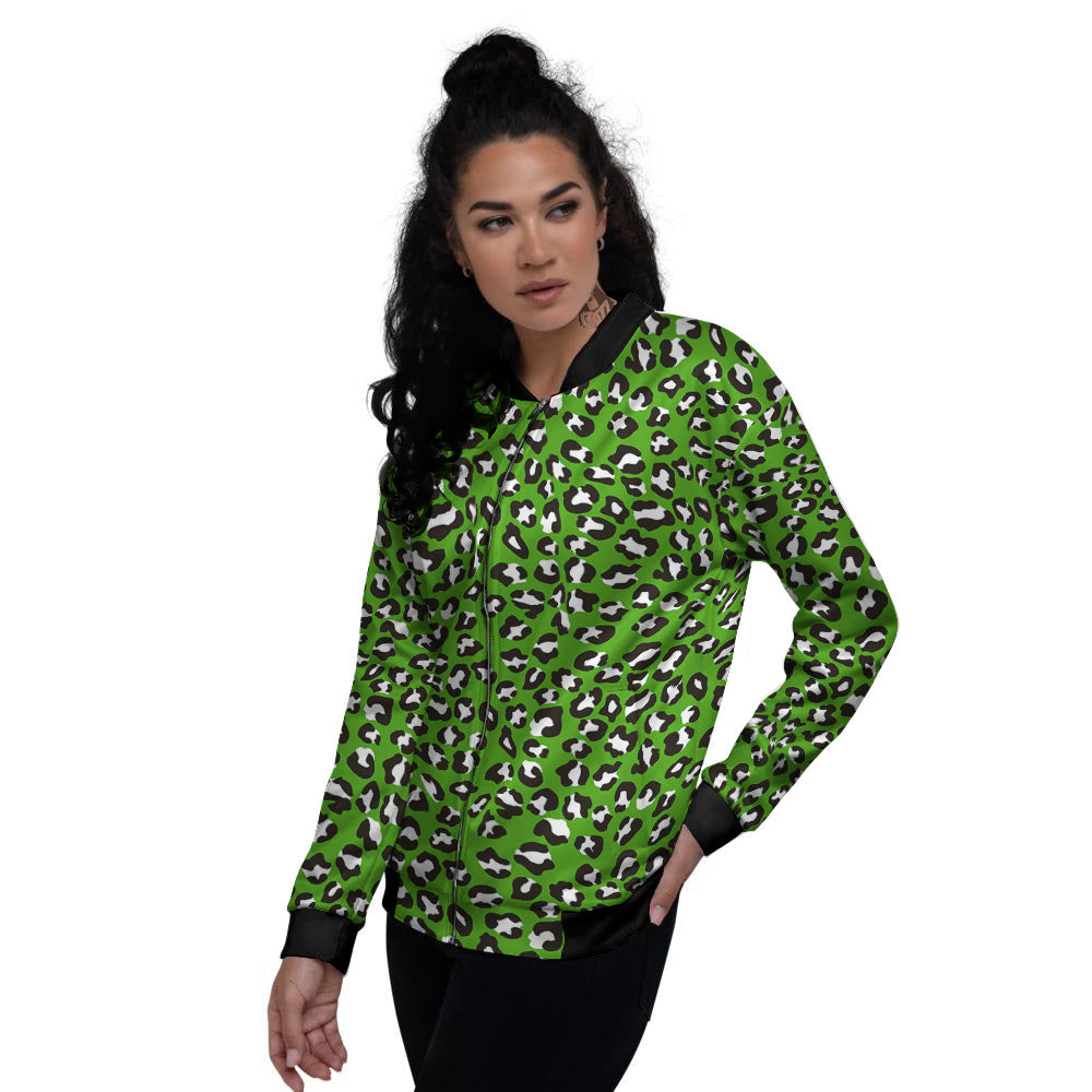 Green Leopard Print Pattern Women's Bomber Jacket-grizzshop