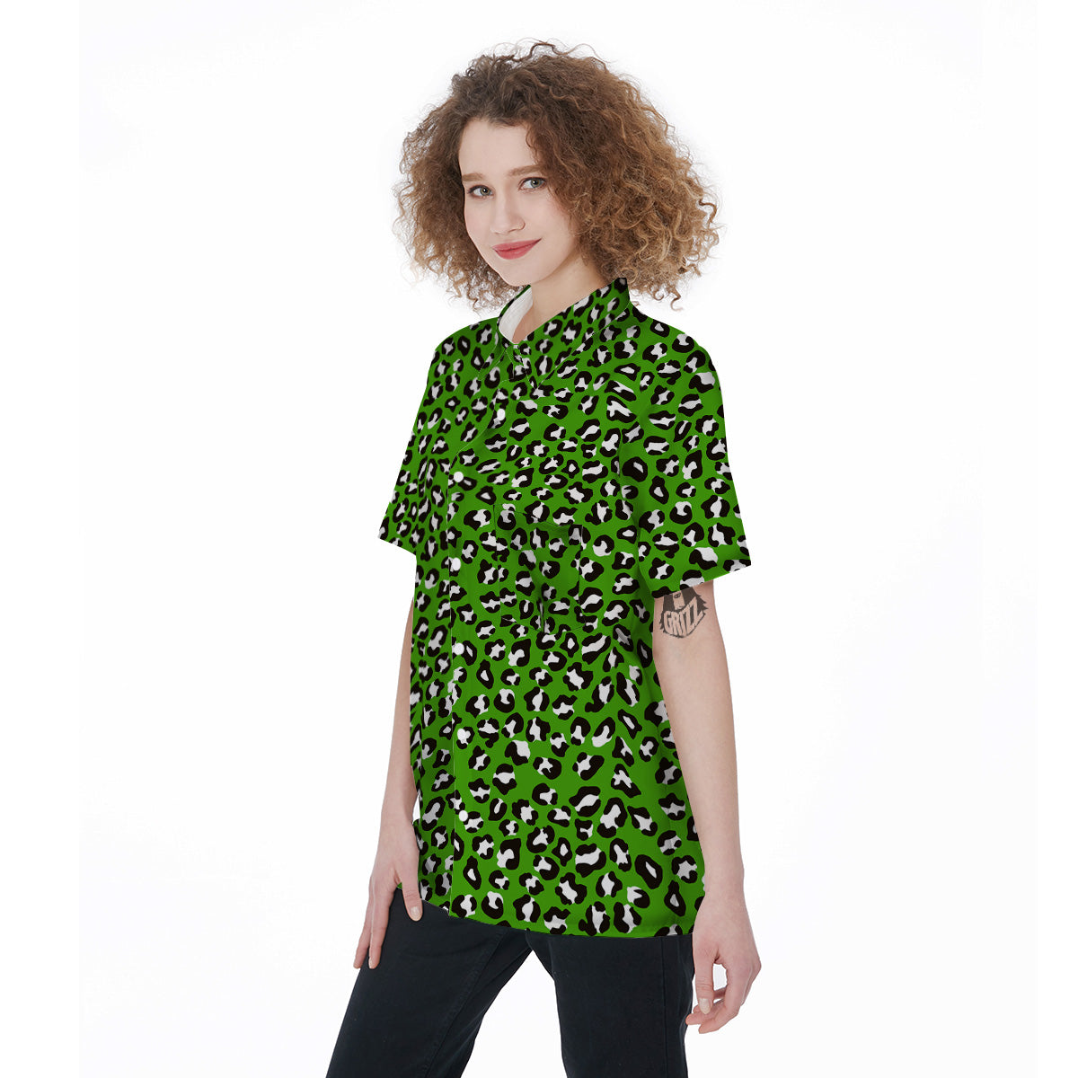 Green Leopard Print Pattern Women's Short Sleeve Shirts-grizzshop