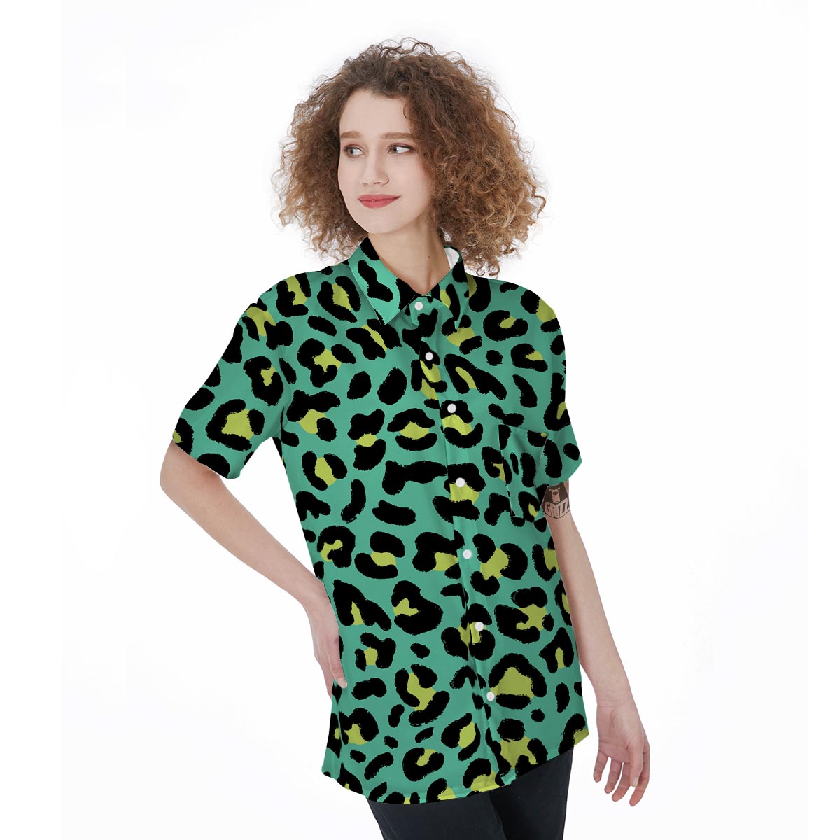 Green Leopard Women's Short Sleeve Shirts-grizzshop
