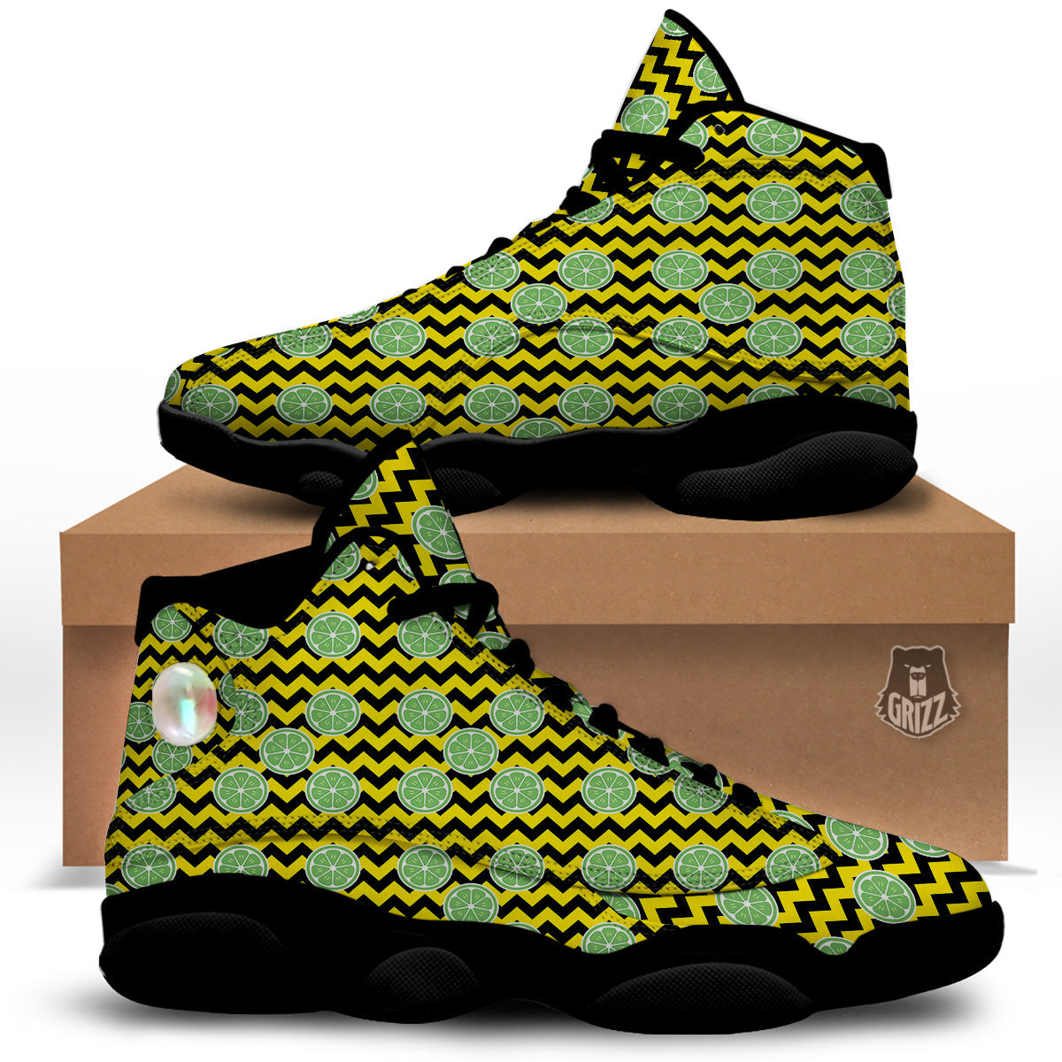 Green Lime And Yellow Zigzag Print Pattern Black Basketball Shoes-grizzshop